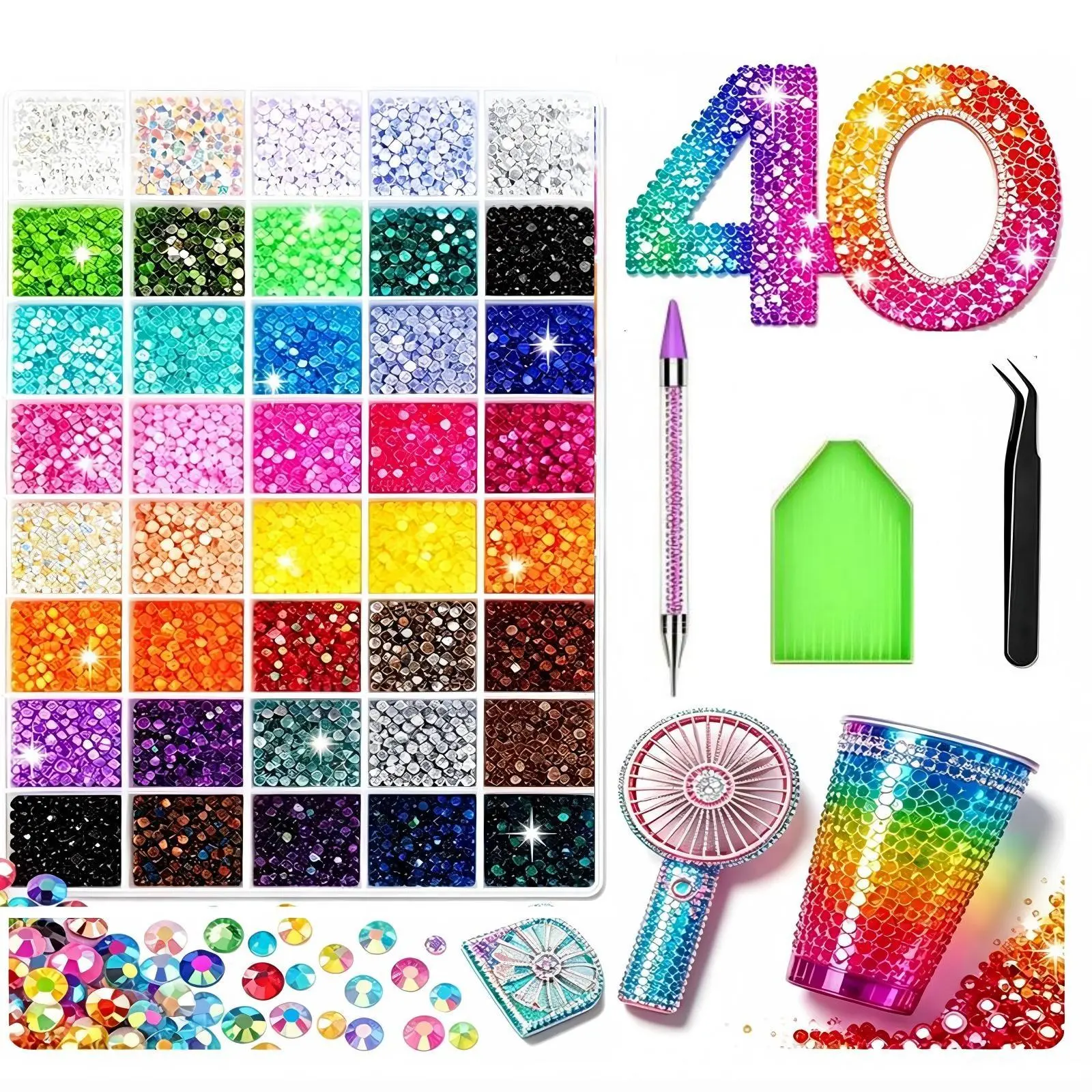 40,000 Pcs Jelly Resin Rhinestones with AB Coated Finish, 3mm Flatback Crystals in 40 Colors for DIY Nails Art Designs and DIY Decoration, Includes Tweezers & Pen, Nail Art Designs, Colorful Rhinestones, Bedazzling Kit, Rhinestones Nail Art Accessories