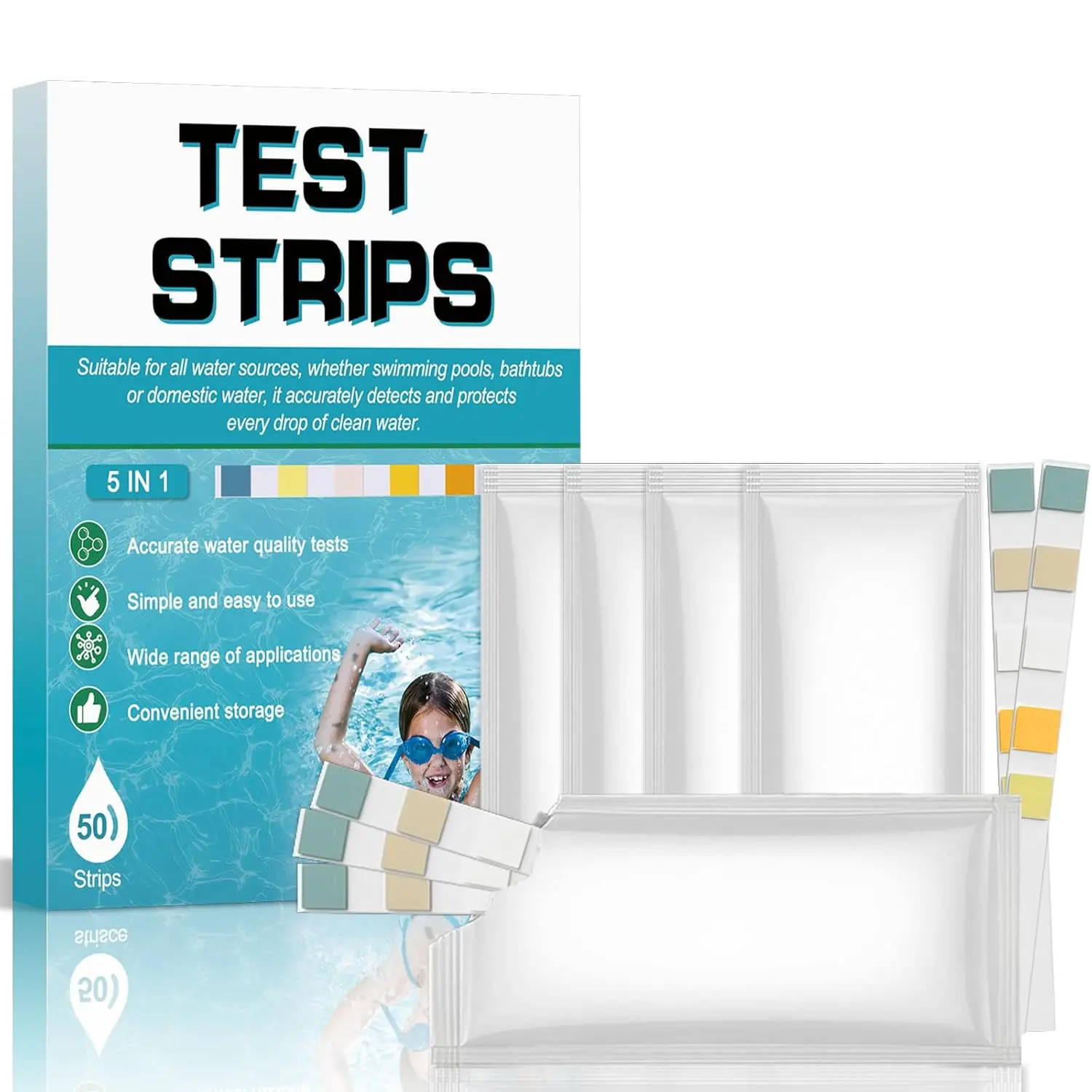 Pool Test Strips 5 in 1 Accurate Swimming Pool Water Test Kit for pH, Free Chlorine, Bromine,  Alkalinity & Hardness - Easy-to-Read Color Chart for Hot Tub,  & Above Ground Pool - 50 Count