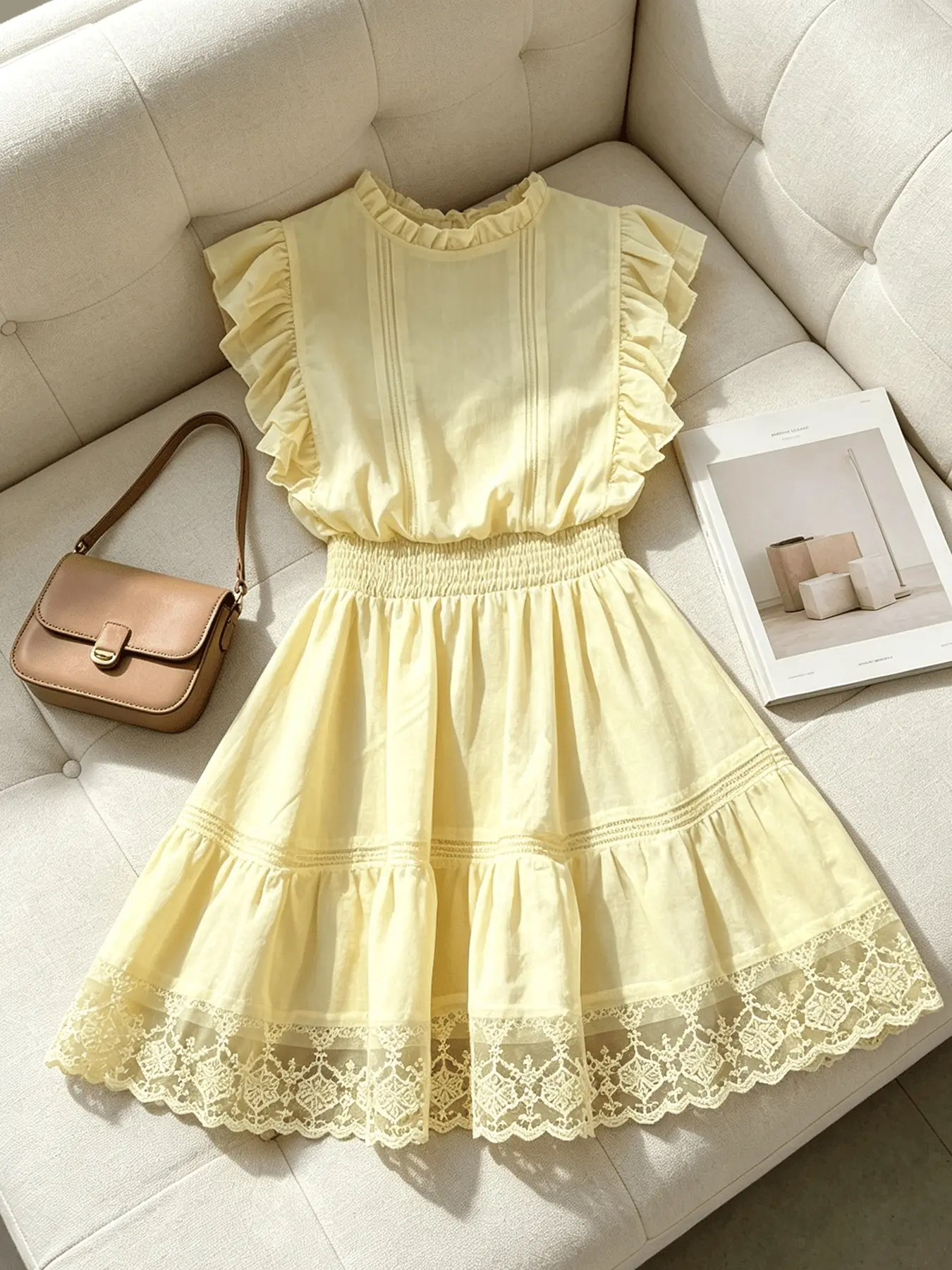 A women's fashionable yellow black fungus edge small fly sleeve waist cinched short dress with elastic high waist and lace skirt, suitable for commuting to work, shopping and outdoor wear