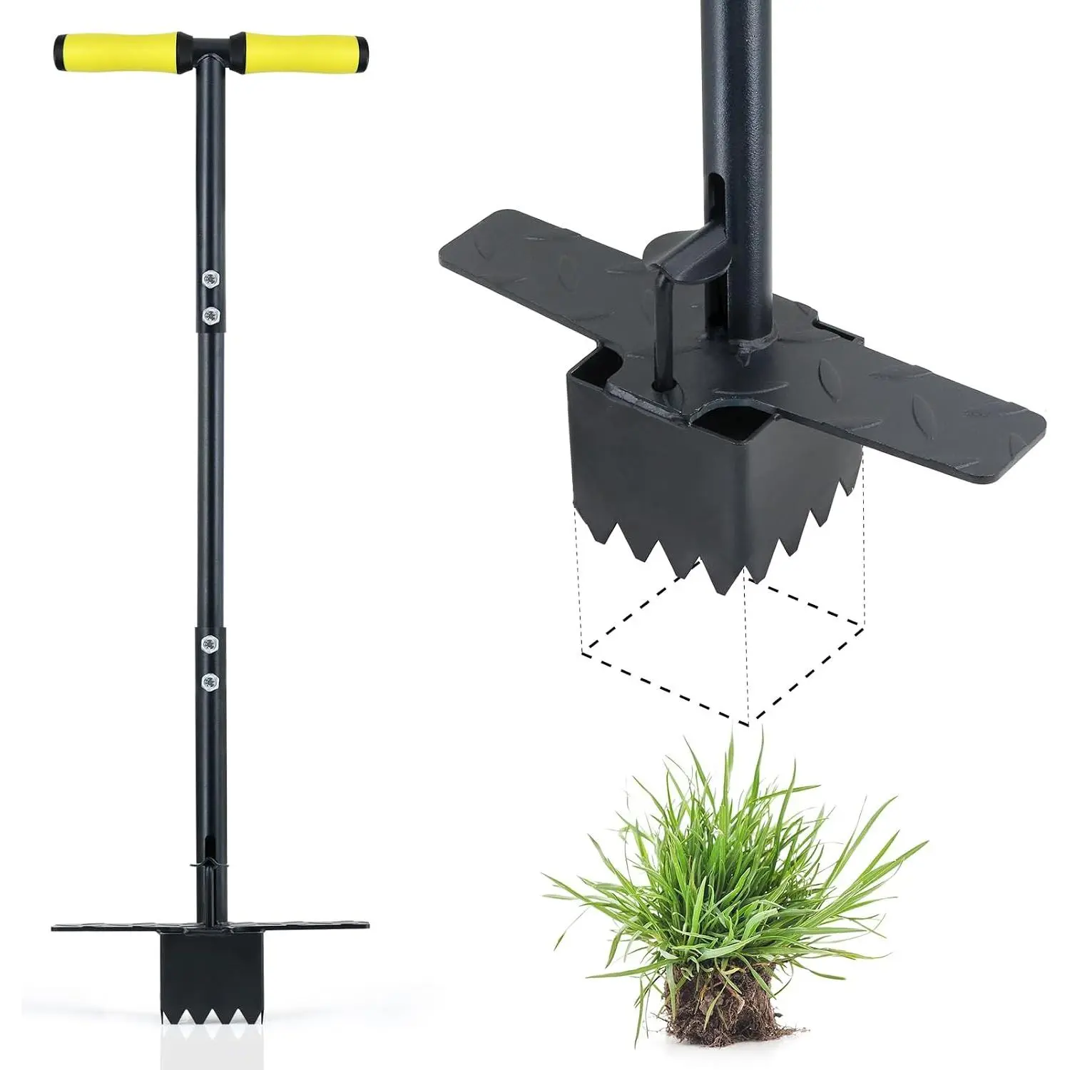 Sod Plugger Tool 36-INCH, Grass Plug Tool 3 x 3 Square with Serrated Base, Bulb Planter Tool Long Handle with Dual Pedals & Easy Foot Ejector, Sod Turf Cutter for Lawn Planting Grass Repair