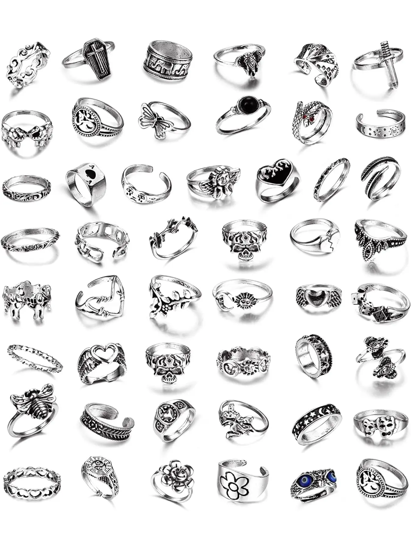 49PCS Vintage Silver Punk Rings Knuckle Rings Set for Men Women Snake Cross Flower Chunky Rings Open Adjustable Goth Punk Hip Hop Cool Midi Stackable Rings Pack