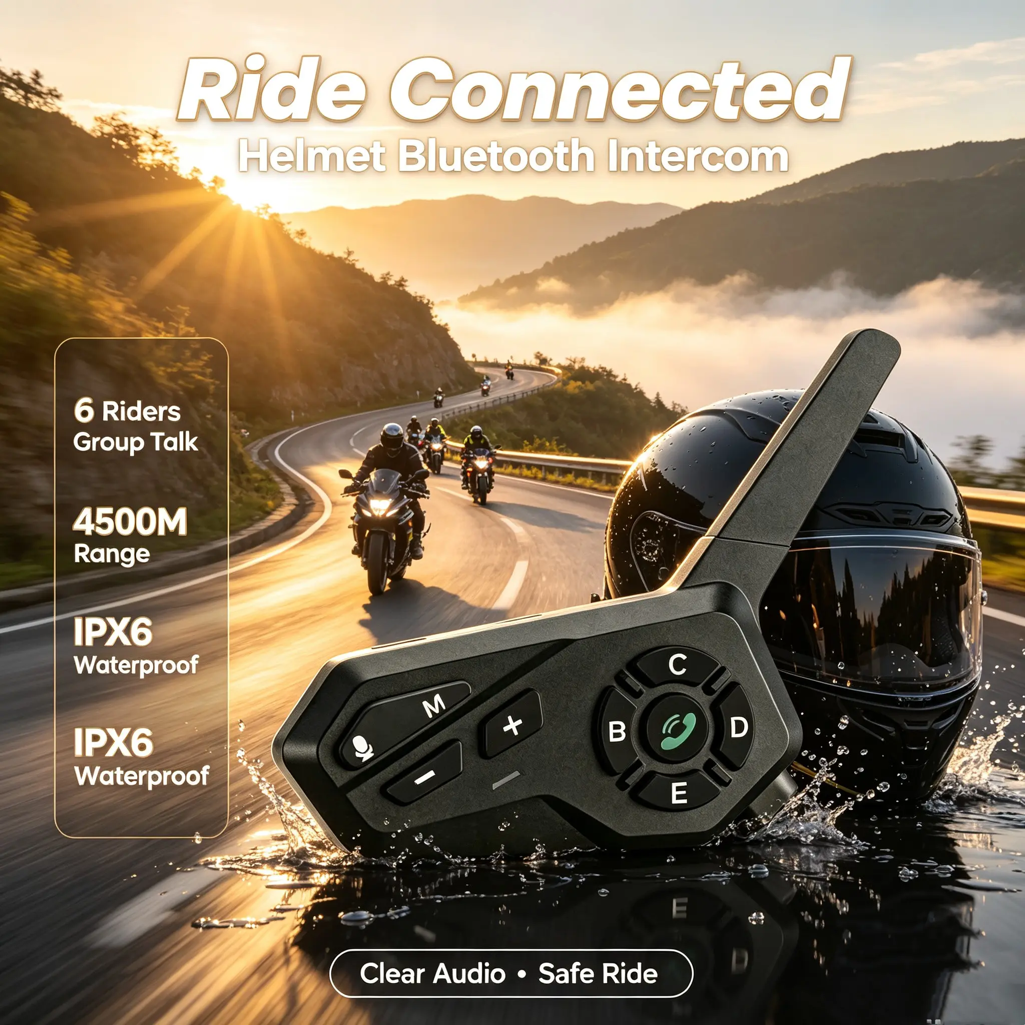 Helmet Bluetooth Intercom Headset, Connects Up to 6 Devices, 4500m Range, Bluetooth-compatible V5.2, Ipx7 Waterproof, 1000mah Battery, 33h Music Playtime