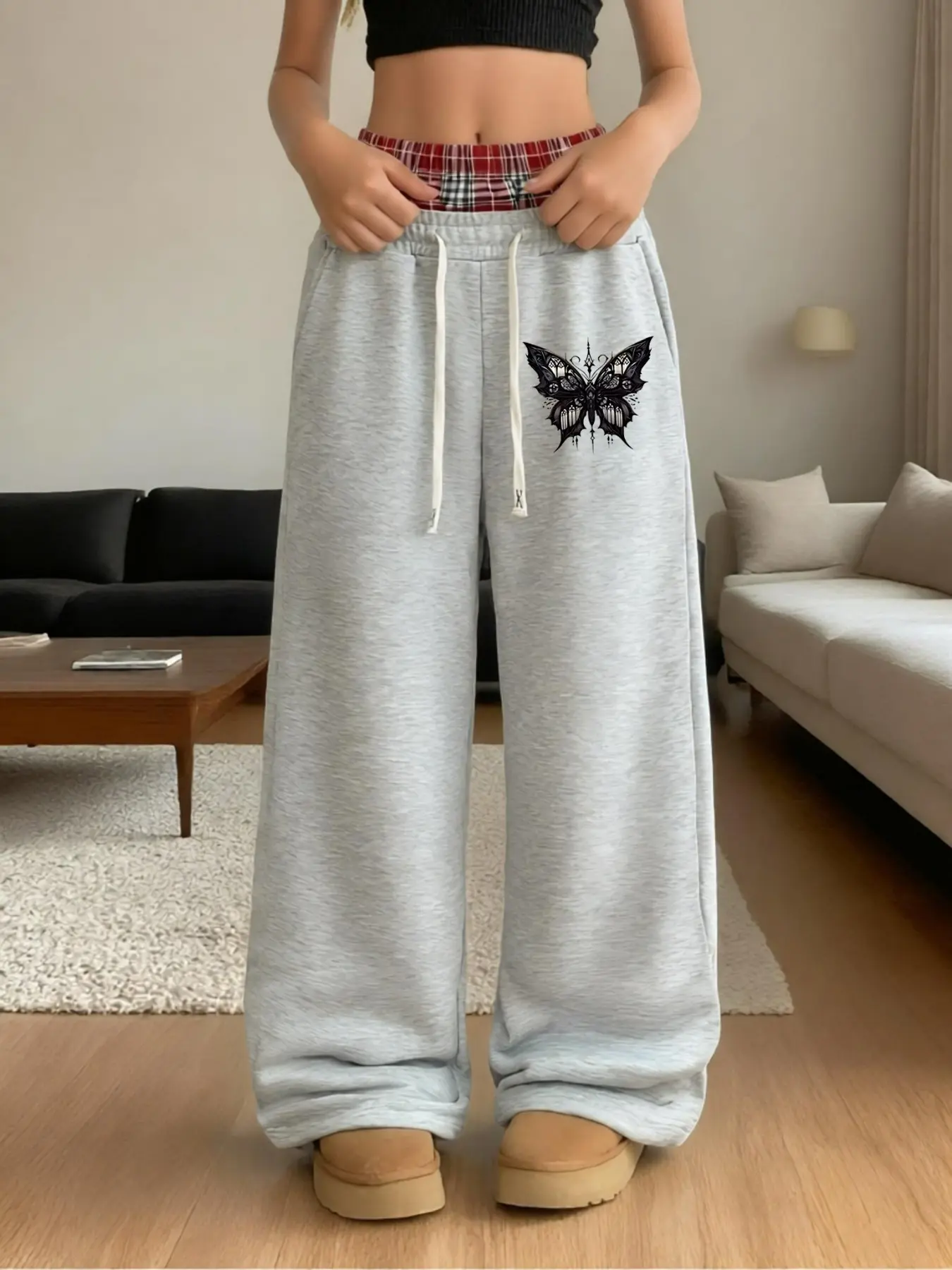 Women's Wide Leg Sweatpants, Butterfly Print, Grid Double Layer Waist Drawstring, Loose Fit Oversize Casual Street Style, Streetwear, Pockets, Daily Wear