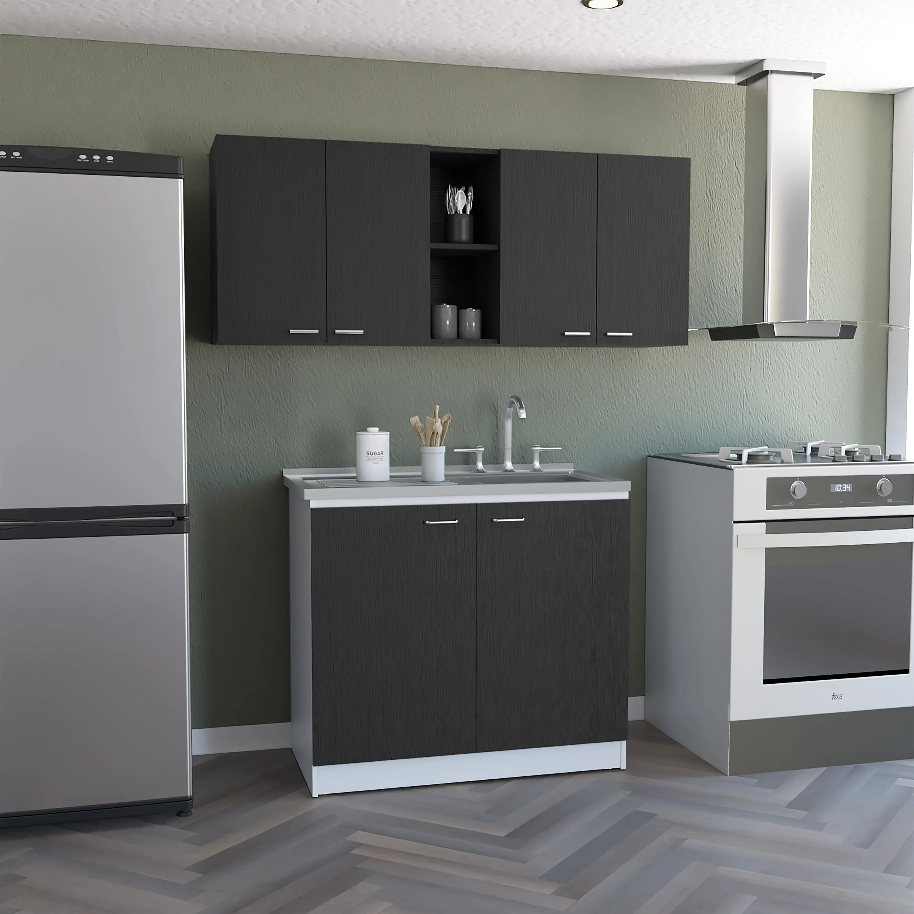 Nokaa 2-Piece Kitchen Cabinet Set – Wall Cabinet & Utility Sink Combo, Particle Board, Black, Ready-to-Assemble for Dining Room Storage