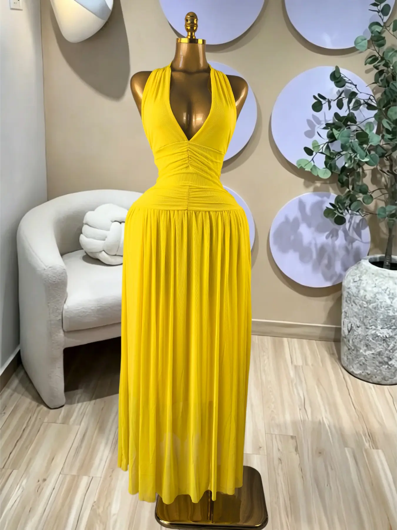PULKRITU Elegant Women's Backless Sleeveless Pleated A-Line Prom Dress, Cocktail Party Dresses Butter Yellow Party Outfit Slip Dress, Beach Vacation Dress, Lady Casual Skirt, Street City Female Dress, Dresses For Party