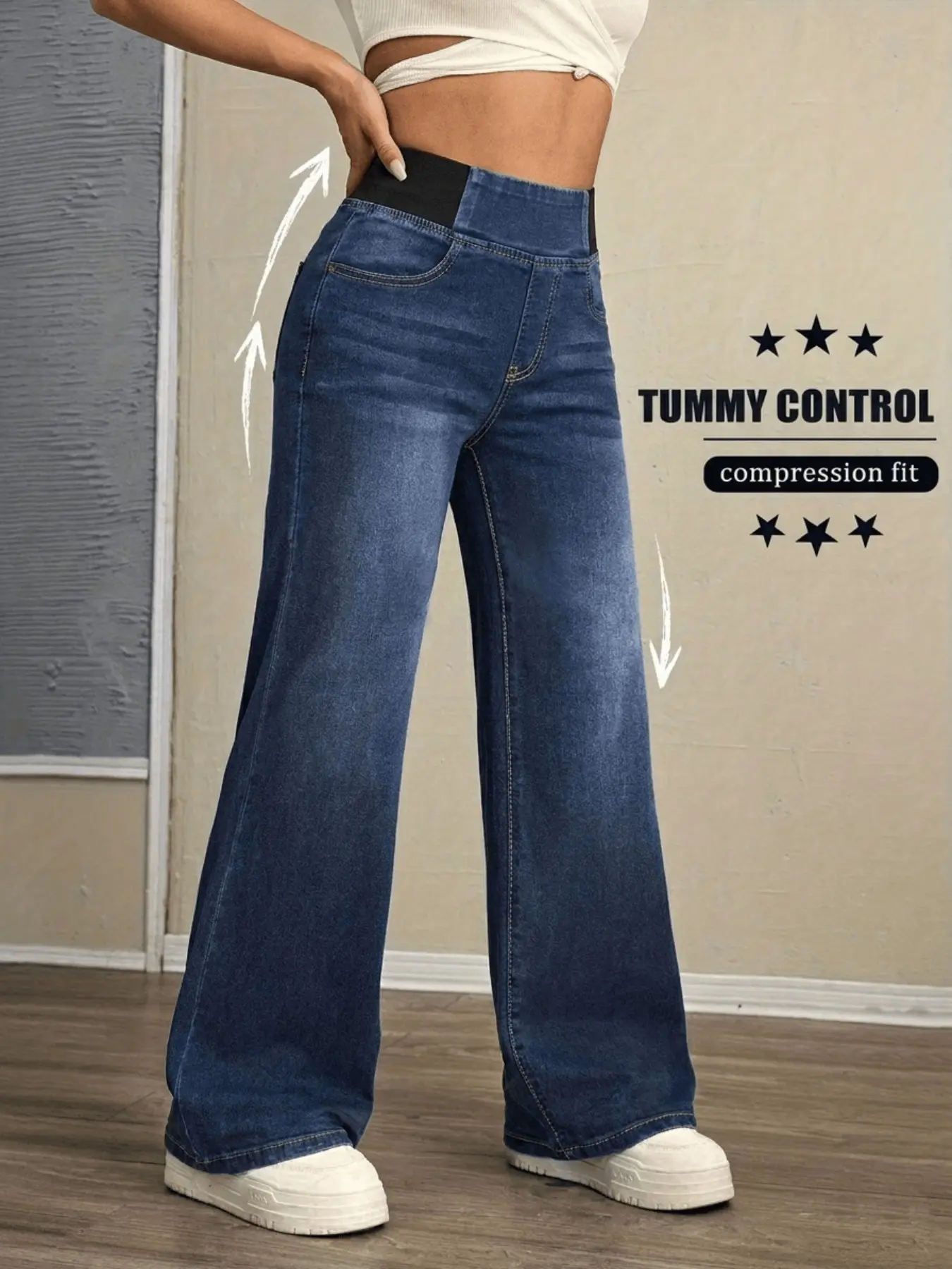 Women's High Elastic Wide Leg Jeans, Stretchy High Waist Pull-On Denim Jeans, Casual Daily Wear Basic Loose Long Trousers, Four Seasons