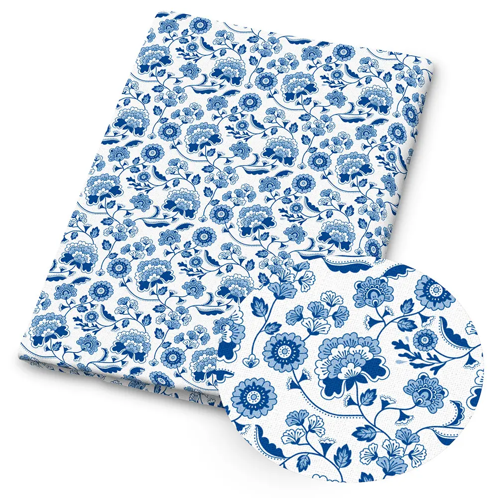 1pc Blue White Floral Toile Print Fabric - 59 X 19.68 Inches (150 X 50cm) Pre-cut Polyester Fabric with Blue & White Botanical Flower Pattern - Suitable for DIY Sewing, Scrapbooking, Tablecloths and Crafts
