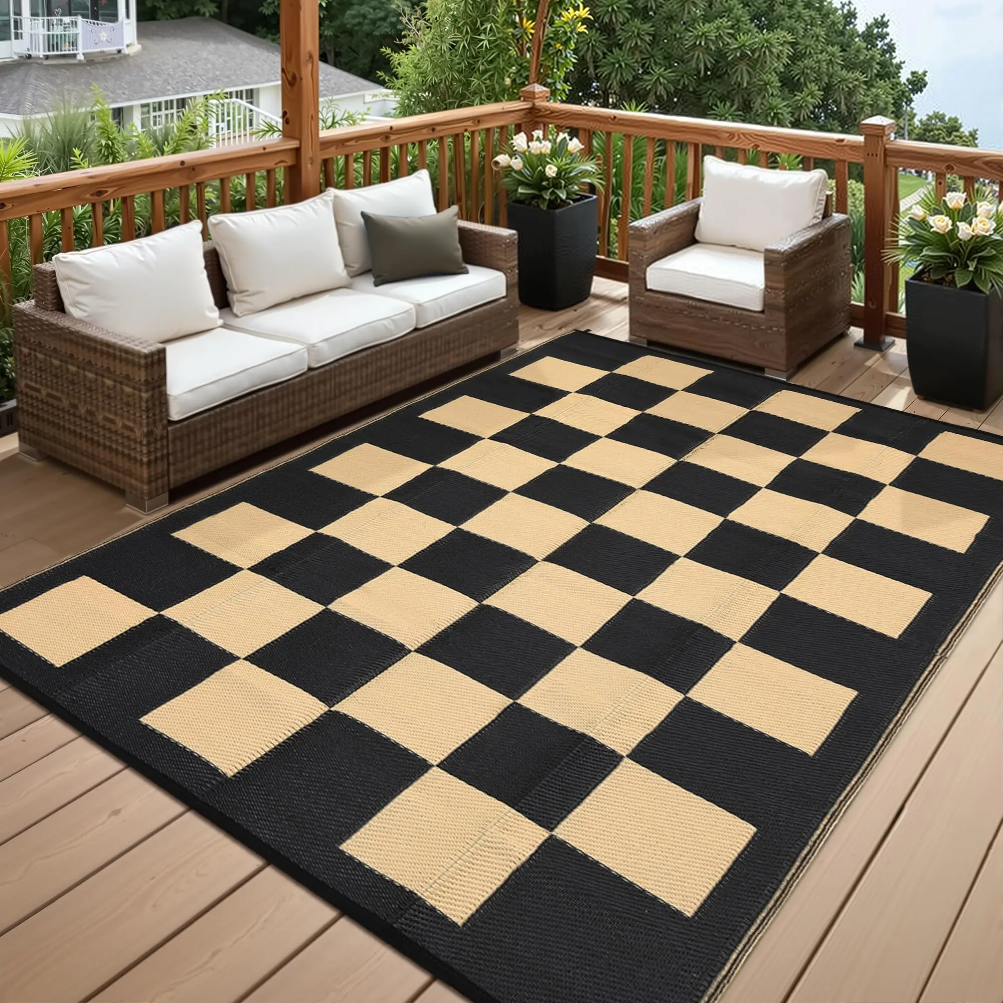 GARVEE 9x12 Outdoor Waterproof Foldable Reversible Plastic Straw Rug, Lightweight Portable Checkered Carpet for Camping, Picnic, Porch, Balcony, Deck, Beach in Black & Brown
