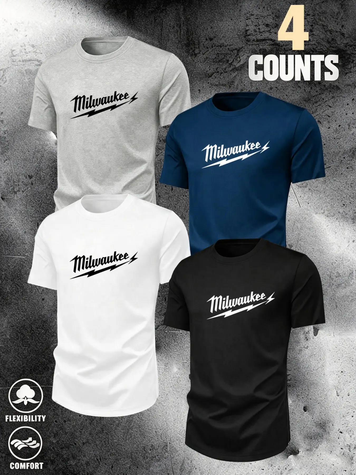 Men's High Stretch Sporty Short Sleeve Breathable Casual Cotton T-Shirt, 4-Pack, Multiple Colors, Minimalist Geometric Print, Original Logo Design