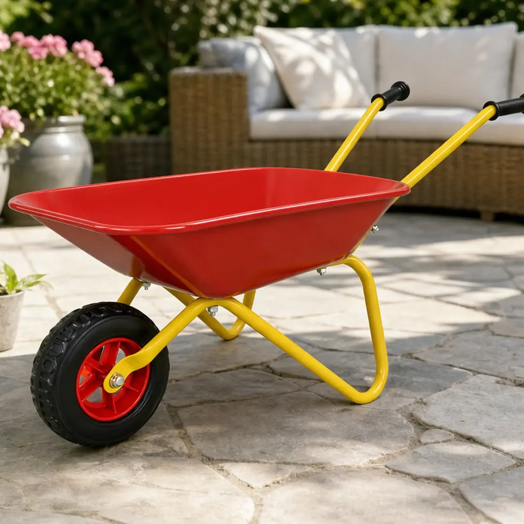 ARCH Child-Friendly Metal Wheelbarrow - Steel Frame, 33lbs Load Capacity, Steel Tray, Red Kids Garden Dump Cart on Wheels, Portable Cart for Hauling Tasks & Soil, Indoor-Outdoor Play, Motor Skill Development, Yard Work Helper