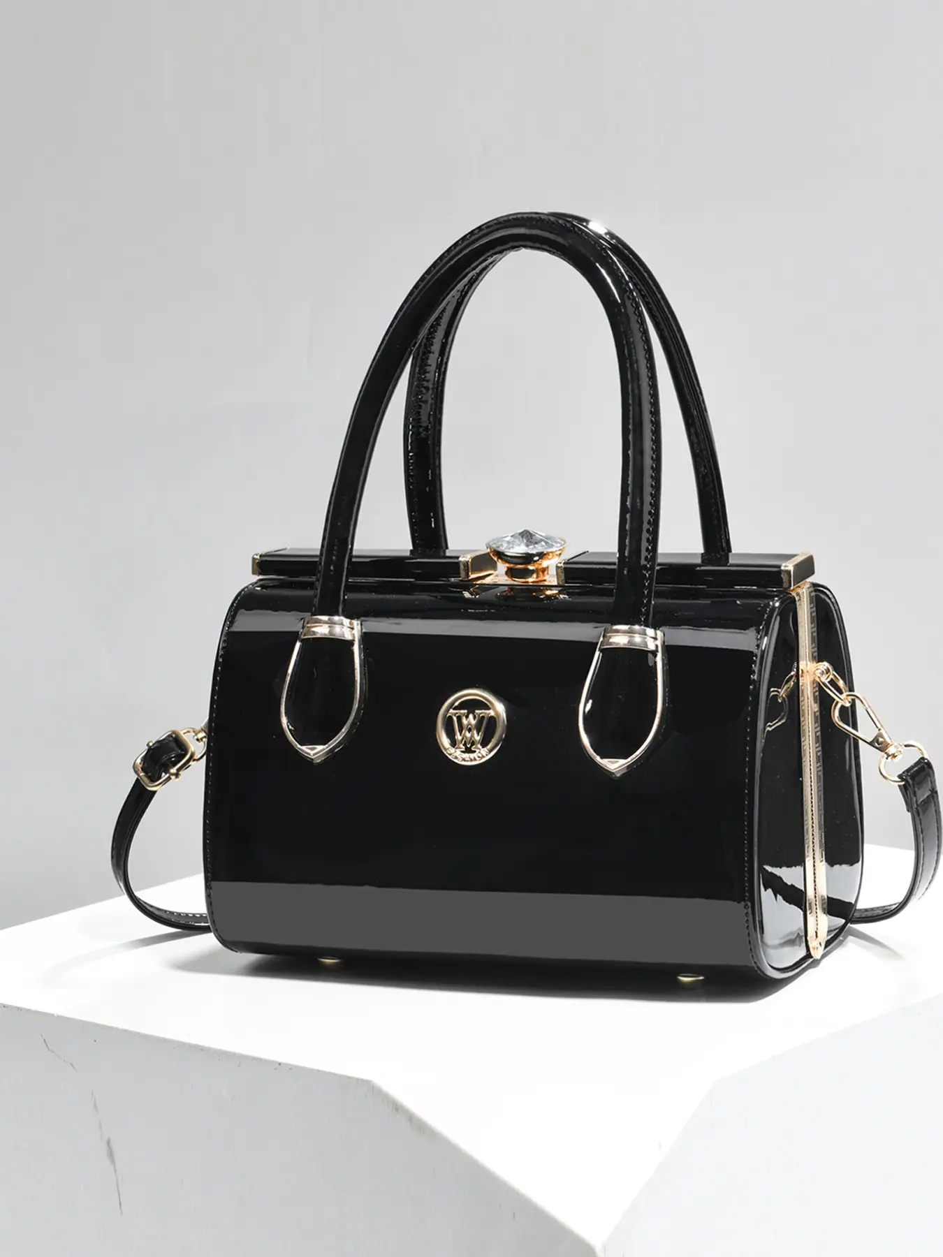 Shiny Patent Leather Mini Boston Bag, Rhinestone Decorated Frame Handle, Vintage Wine Crossbody Backpack with Detachable Strap, Elegant Evening Party Bag
