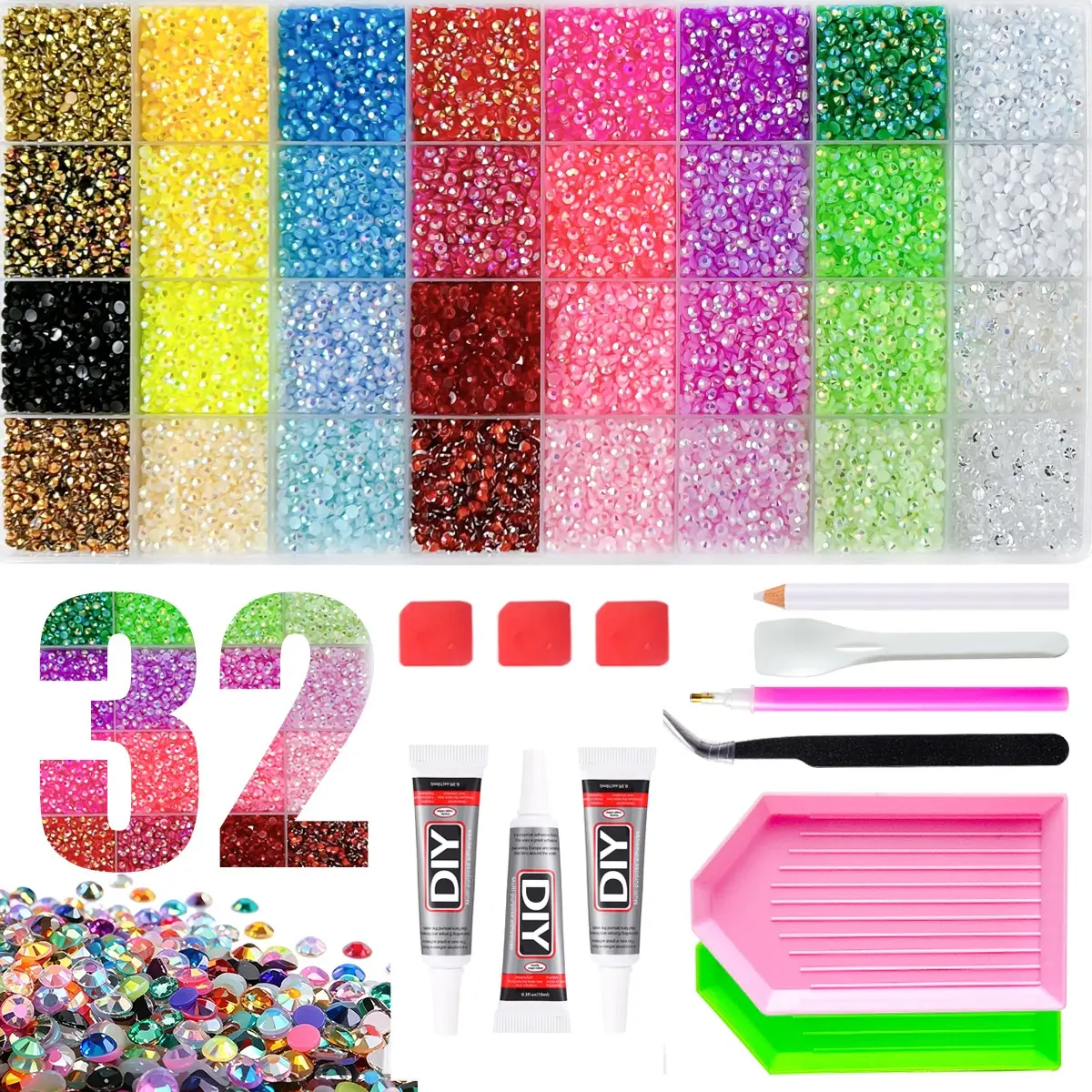 [Summervibes] DIY Diamond Bedazzling Kit, Summer Sparkling Rhinestone Set, 32 Rainbow Colors, Includes Tweezers and Pliers, Easy to Use, DIY Craft Kit, Women's Christmas Birthday Gift, DIY Craft Supplies