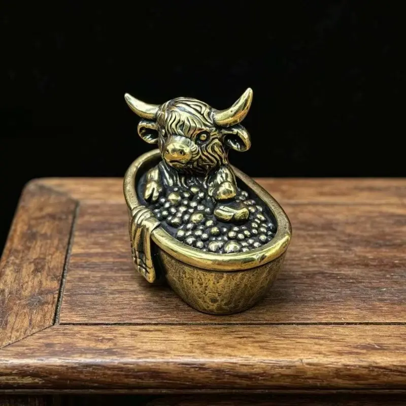 Brass Highland Cow and Duck Bath Statue, Vintage Home Decor, Desk Office Shelf Ornament, Christmas Gift, Animal Sculpture