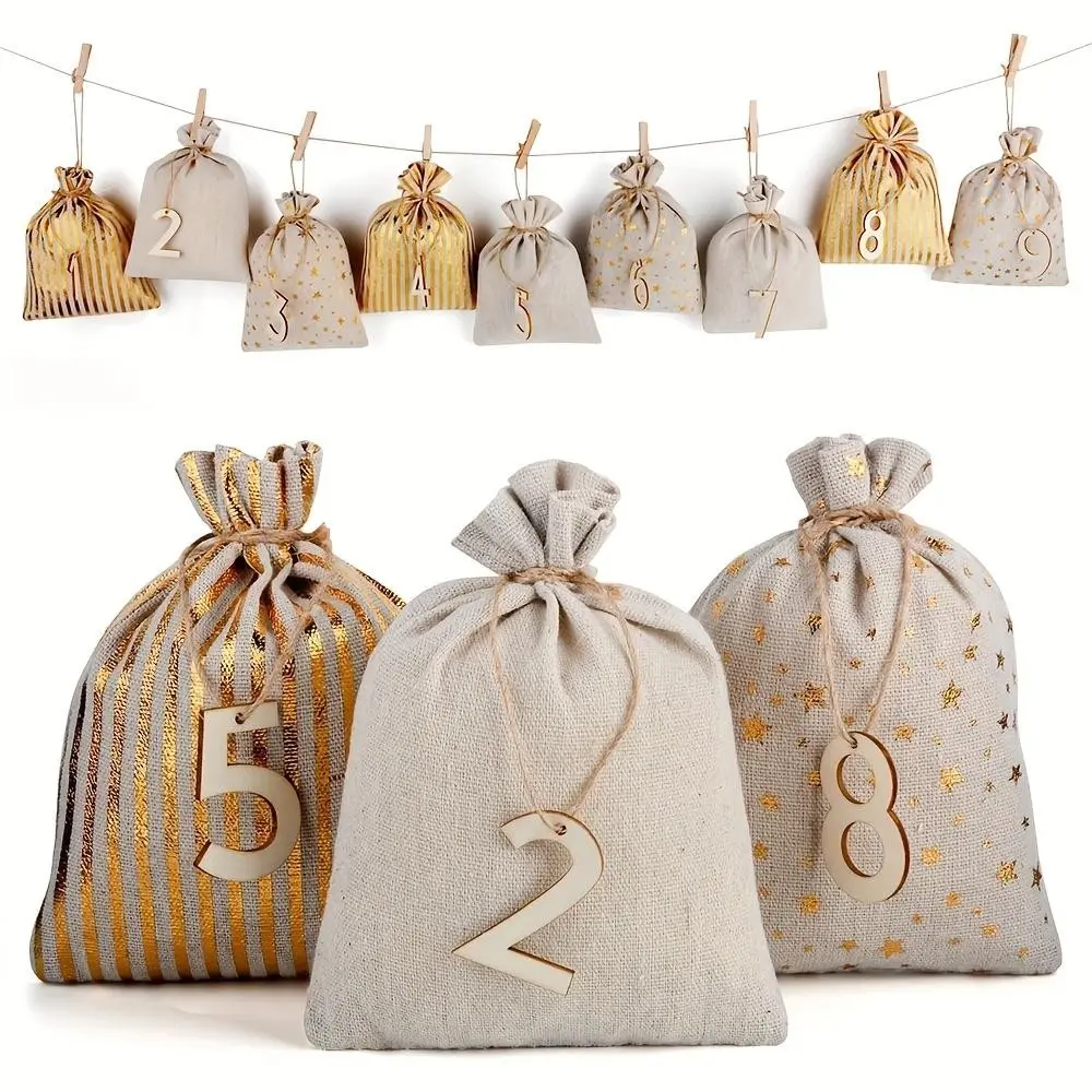 DIY Christmas Advent Calendar Kit, Burlap Drawstring Bags with Numbers & Clips, Perfect Holiday Decoration & Gift Idea, Festive DIY Project