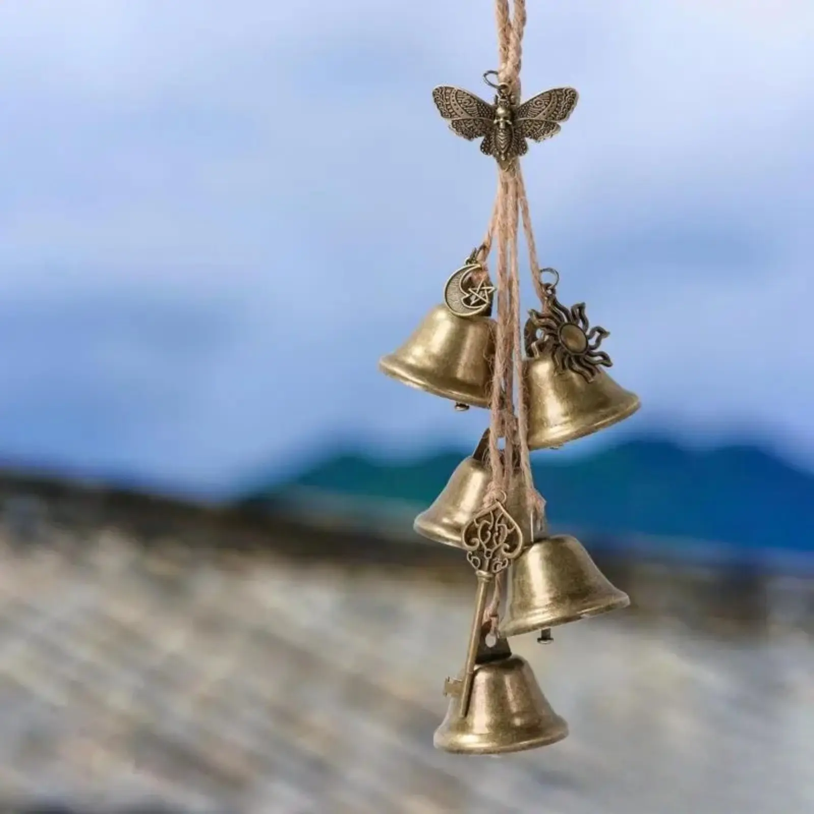 Wicca Witchcraft Bell Hanging - Protective Copper Door Knocker with Intricate Design, Handmade Witches' Bell for Porch & Garden Decor, No Battery Needed, Outdoor Decor|Intricate Bell Design|Durable Fabric Rope, Witches Decor