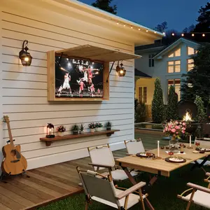 55IN Solid Wood Outdoor TV Cabinet｜4D Adjustable Bracket Foldable Door Dust Cover Handheld Handle｜Waterproof TV Protector for Patio Beach Backyard