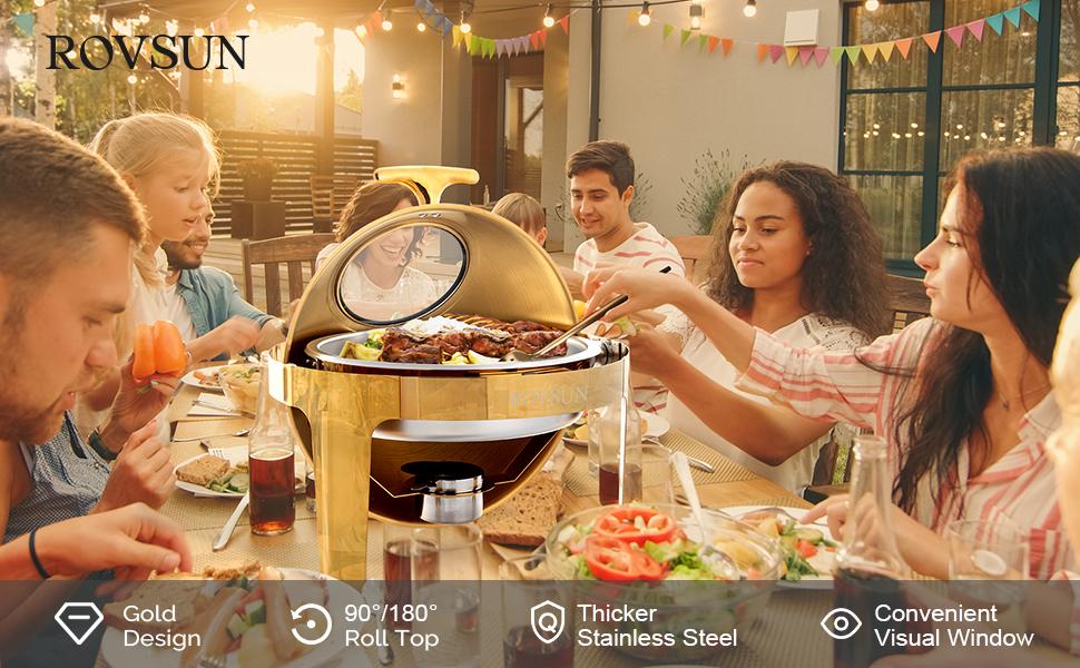 ROVSUN 6 QT Round Chafing Dish Buffet Set, Roll Top NSF Stainless Steel Buffet Warmer Chafers and Buffet Warmers Sets with Thick Frame for Catering Events Parties Weddings Dinners,Gold SpringStatements