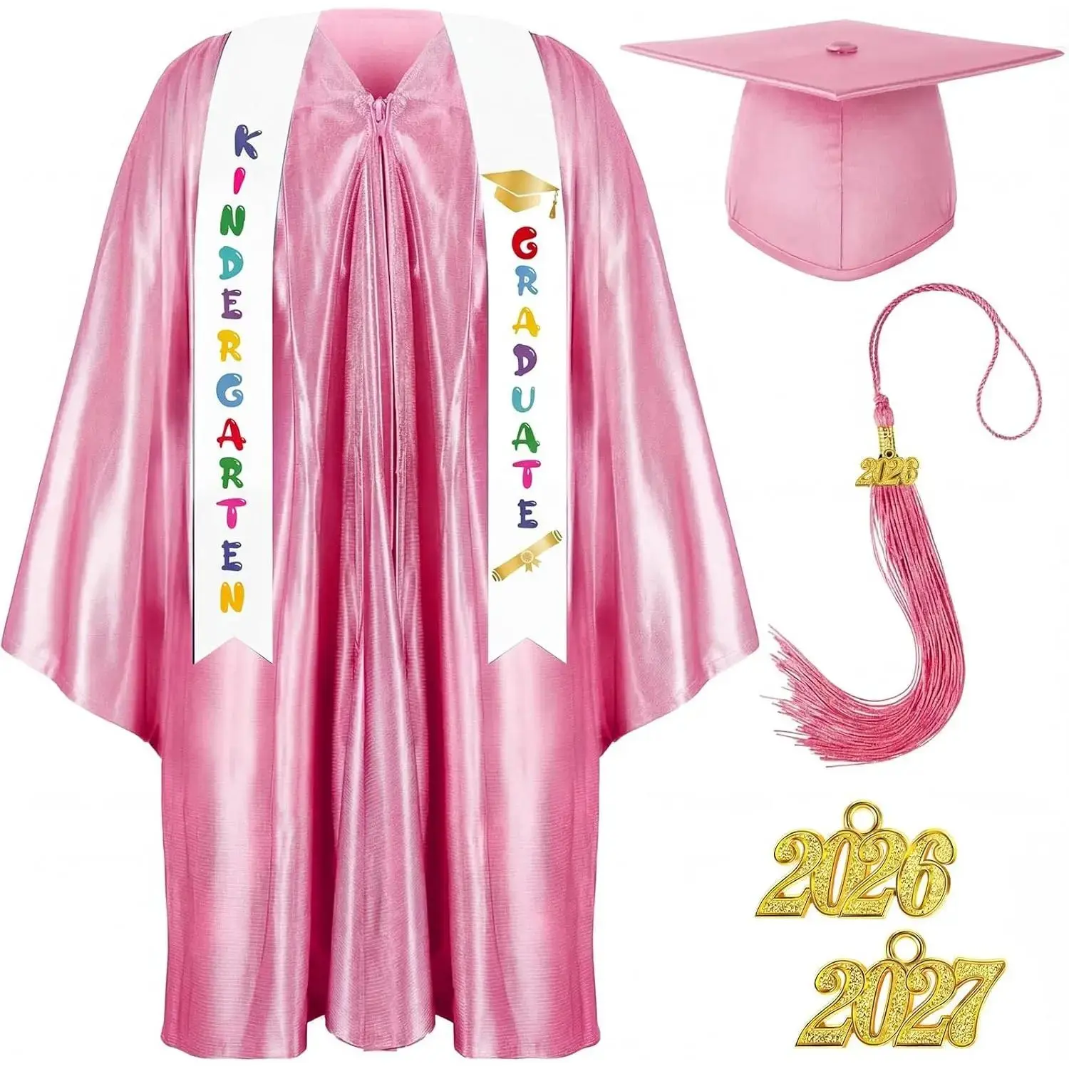 2026 Preschool & Kindergarten Graduation Gown-Cap-Tassel Set with 2026 Charm Printed Stole, Machine Washable for Easy Cleanup, Graduation Party Gift (Festive & Party Supplies Accessory)
