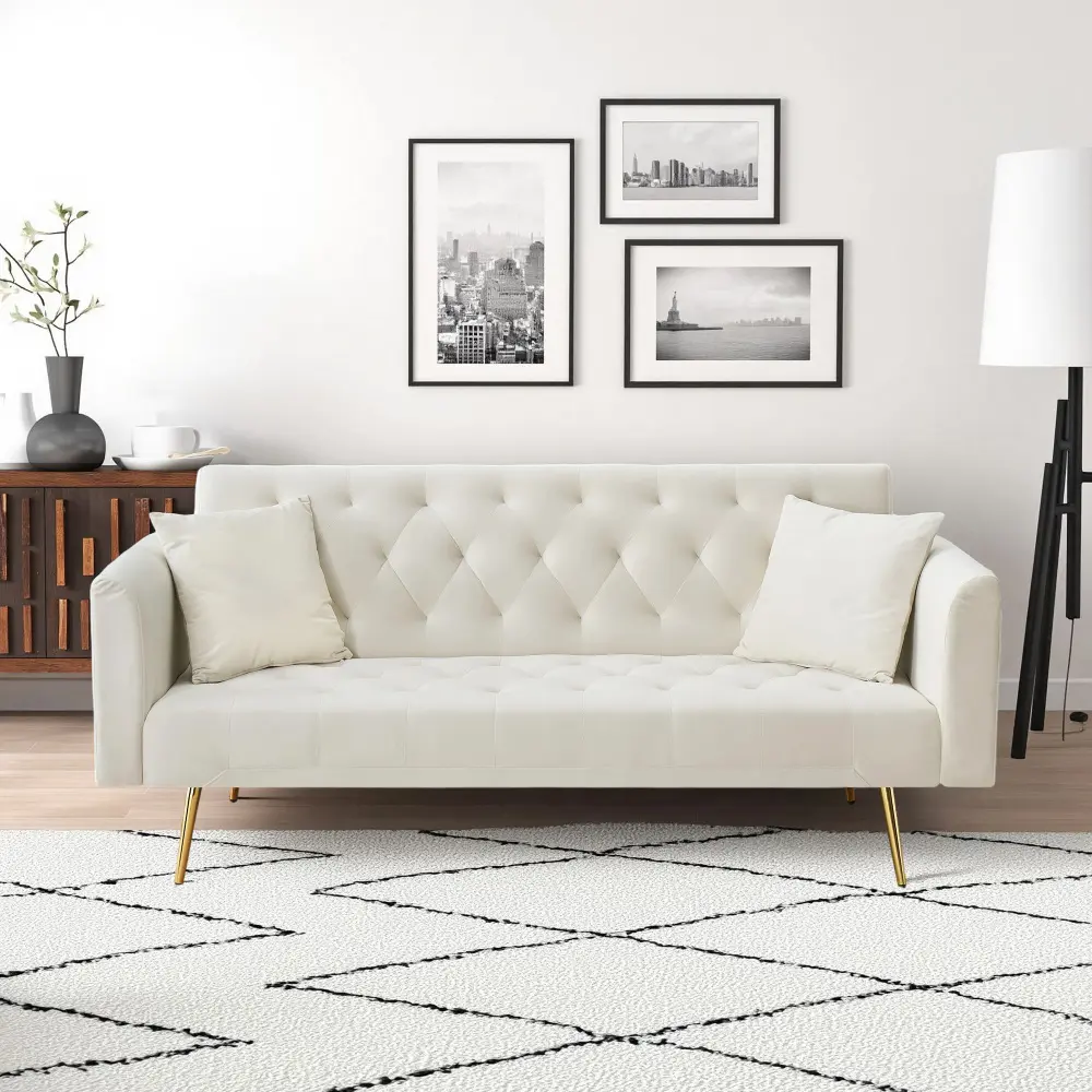 71-in American Retro Beige Velvet Convertible Loveseat Sofa - Cozy Comfy Compact Couch, Premium Craftsmanship, Metal Frame, Assembly Required, Ideal for Small Living Room, Office, Convertible Indoor Sofas,dorm essentials,home decor