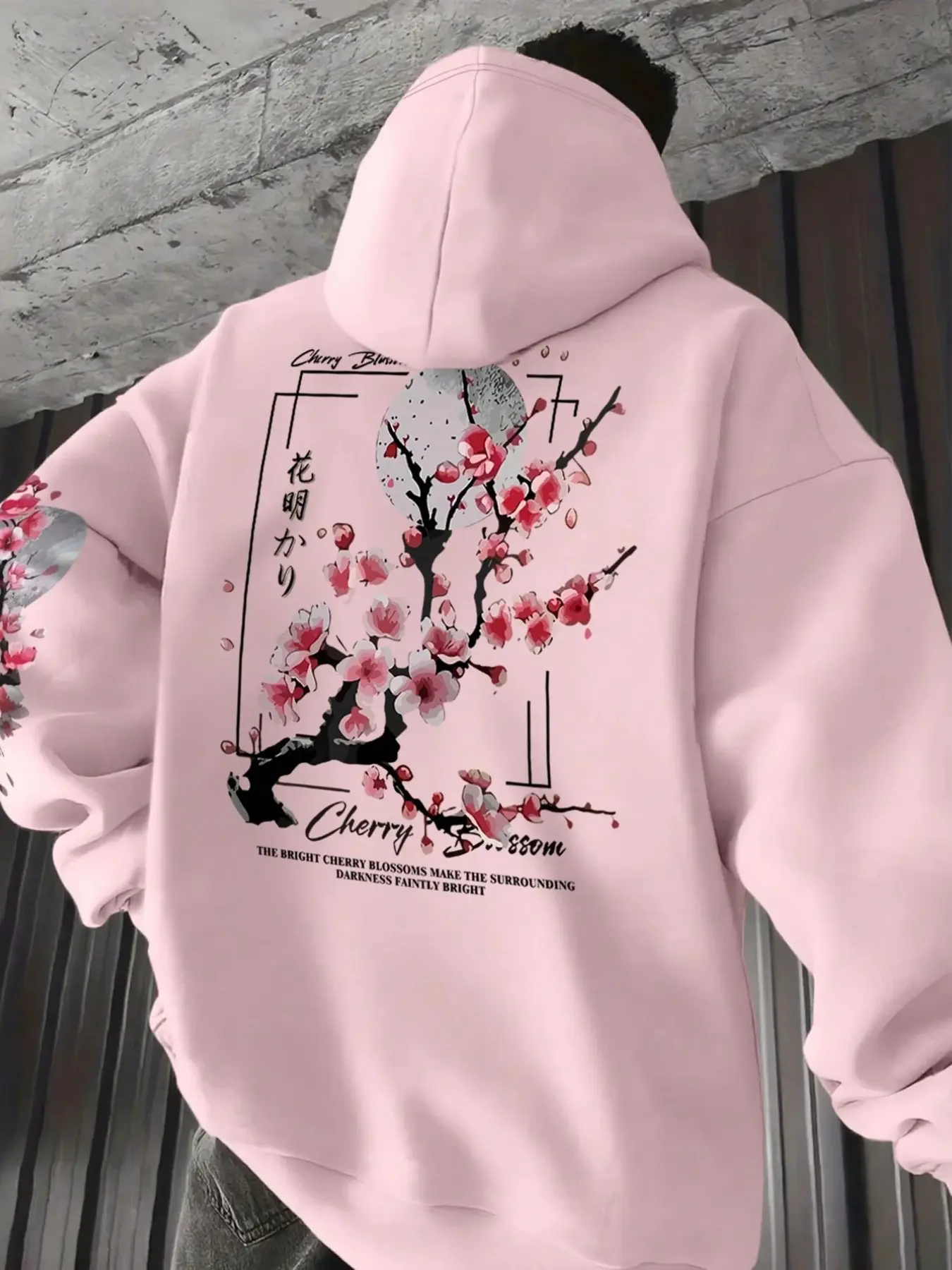 Japanese Style Full Moon Cherry Blossom Hoodie, Loose Fit Graphic Print Sweatshirt, Couple Streetwear for Fall Winter