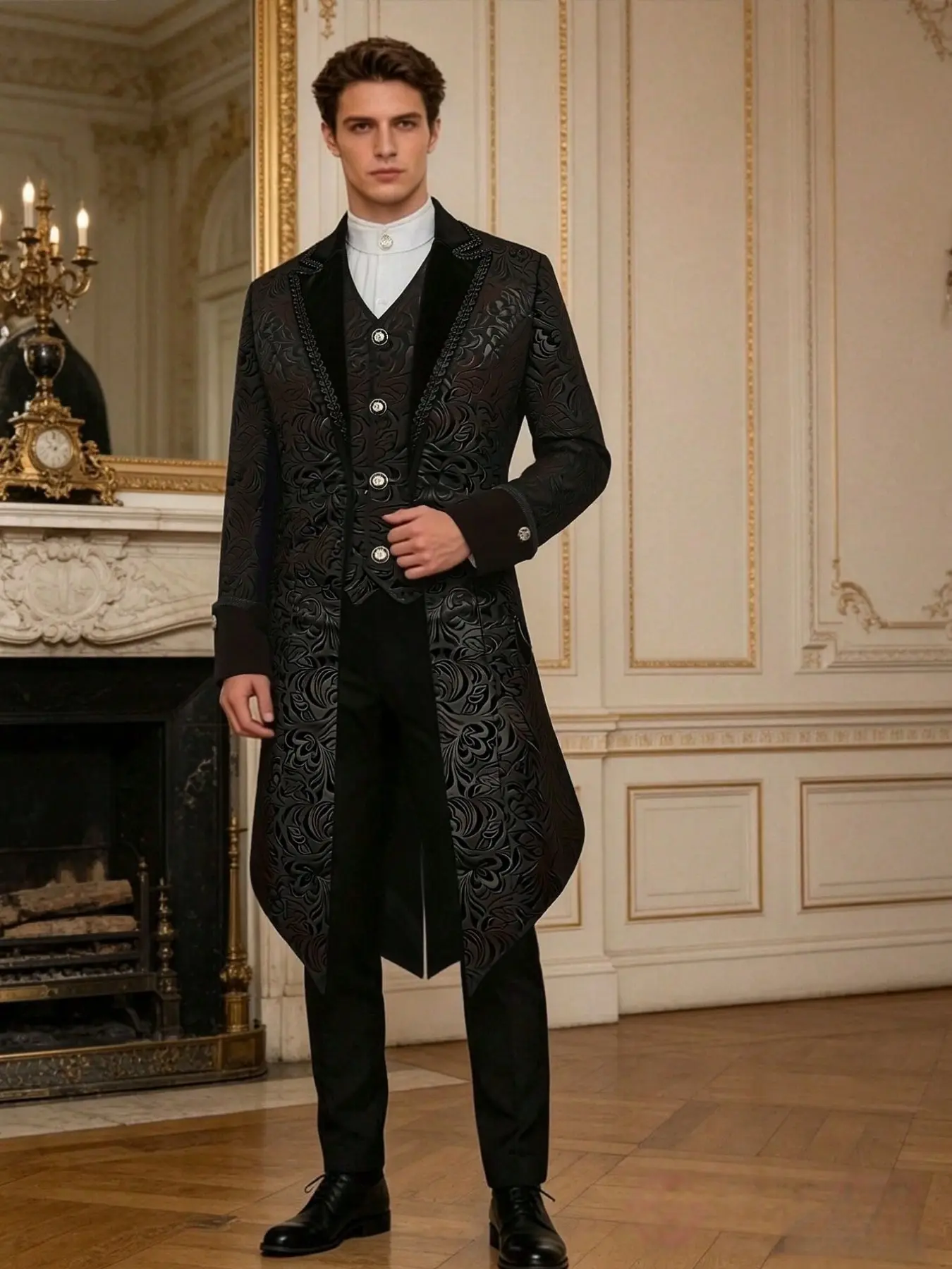 Vintage Men's Medieval Gothic Stand Collar Long Sleeve Coat, Performance Costume, Ball Gown Tailcoat, Elegant Formal Wear, Perfect for Events