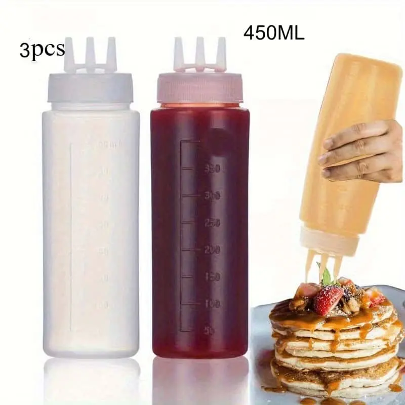 3-Piece Multi-Functional Kitchen Squeeze Bottles, Durable Pe Material, Three-Hole Design with Measuring Scale, Ideal for Sauces and Seasonings