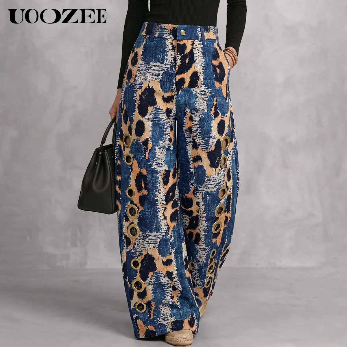 UOOZEE Women's 100% Polyester Smooth Animal Print Vintage Wide Leg Pants, Metal Eyelet Cutout Side Loose Palazzo Trousers, Casual Streetwear Clothes, Elastic Back Waist Real Pockets, Button Accent, Size Down For Slim Frame, Baggy, Smart Casual, Ribbed, Ov