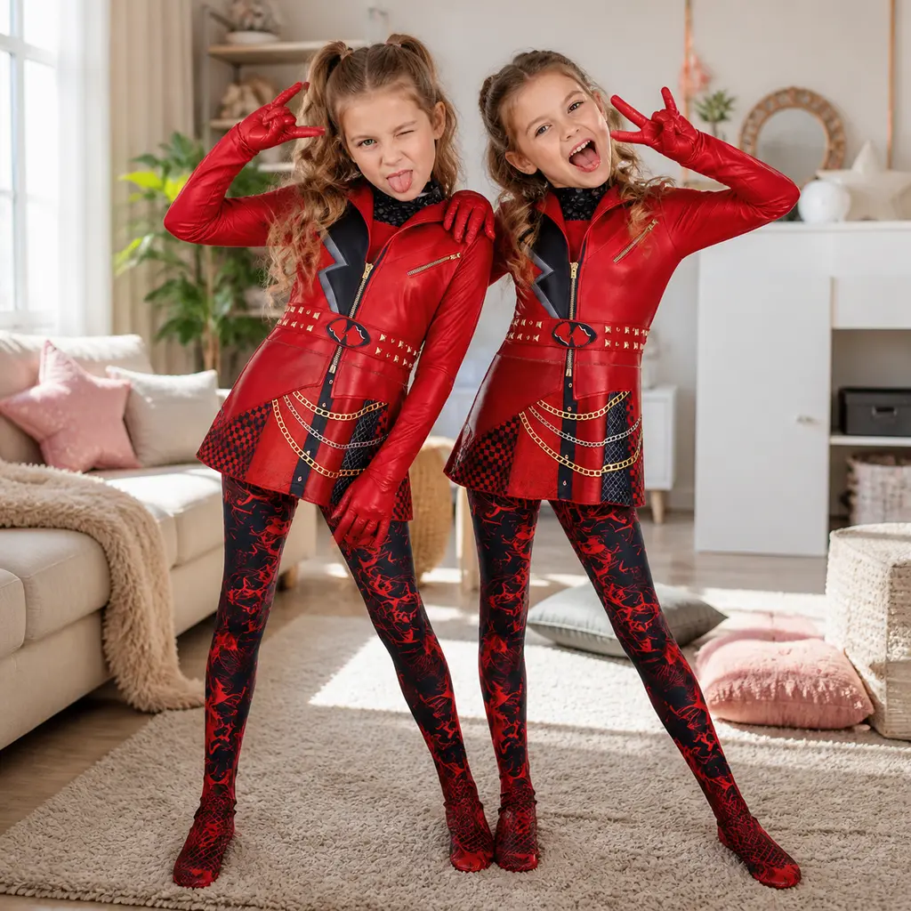 Women Girls One Piece Red Princess Cosplay Costume, Descendants 5 Outfit Halloween Carnival Dress‑Up Suit for Adults & Kids