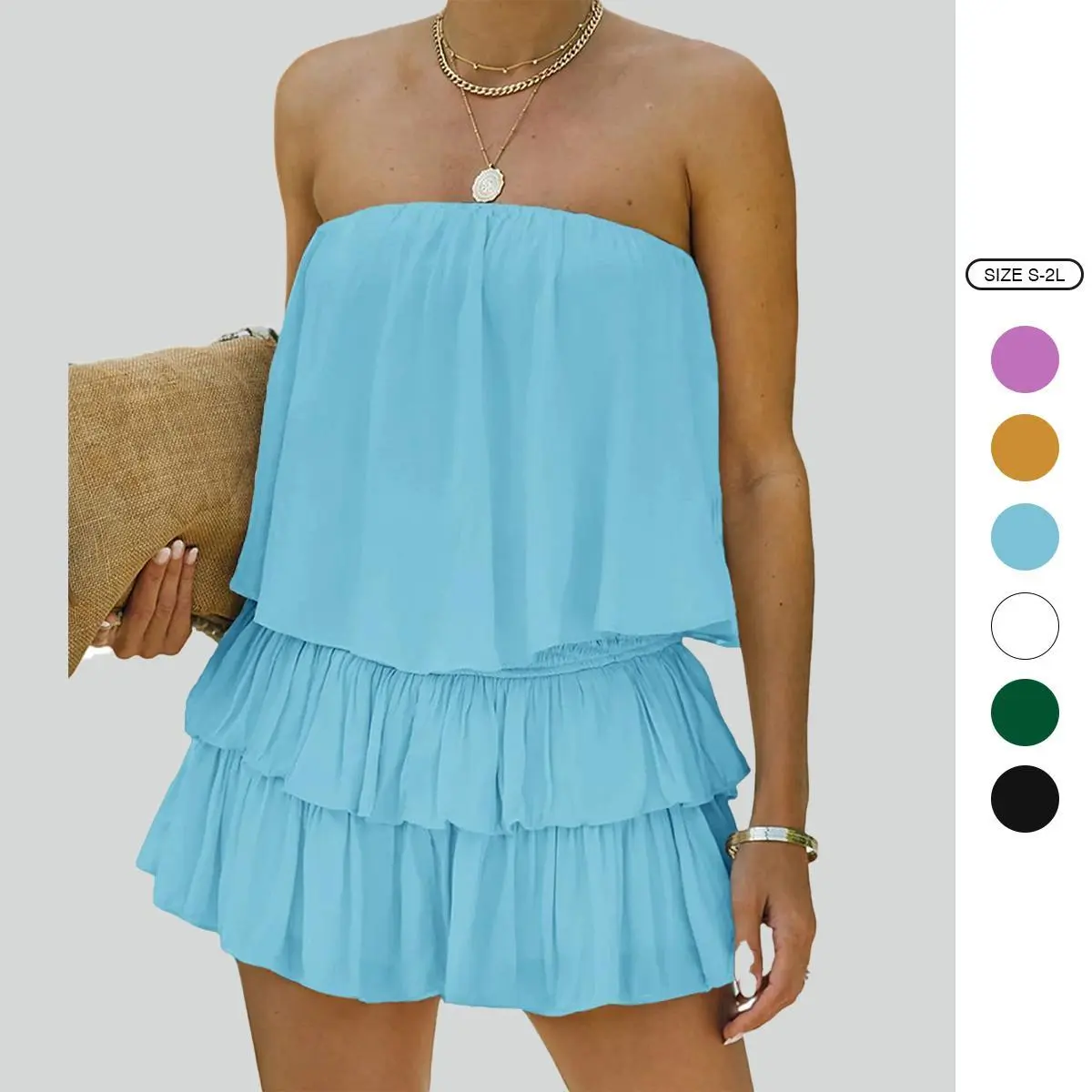 Imily Bela Women Off The Shoulder Romper Flowy Strapless Smocked Jumpsuit Playsuits Dress
