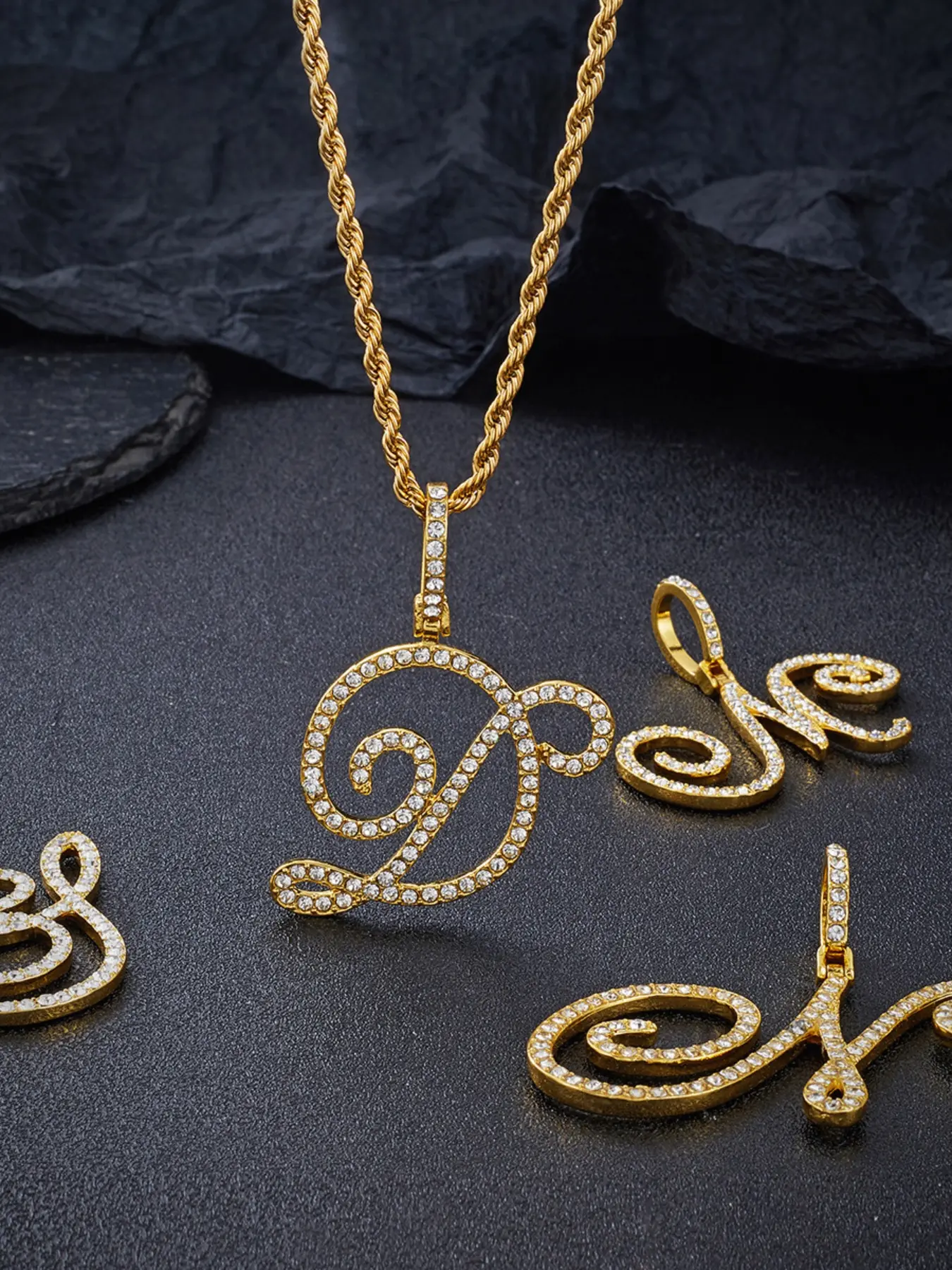 Micro-Set Zircon Letter Pendant Necklace, Unisex Hip-Hop Style, 26 Alphabet Initials, Scripted Glow Design, Fashion Jewelry