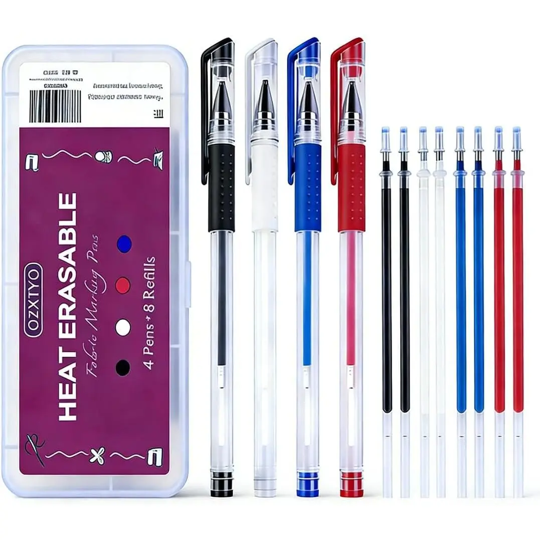 Heat Erasable Fabric Marking Pens 4 Pens + 8 Refills, No  Lines,Disappearing Ink Precision Fabric Markers for Sewing Quilting Embroidery Dressmaking