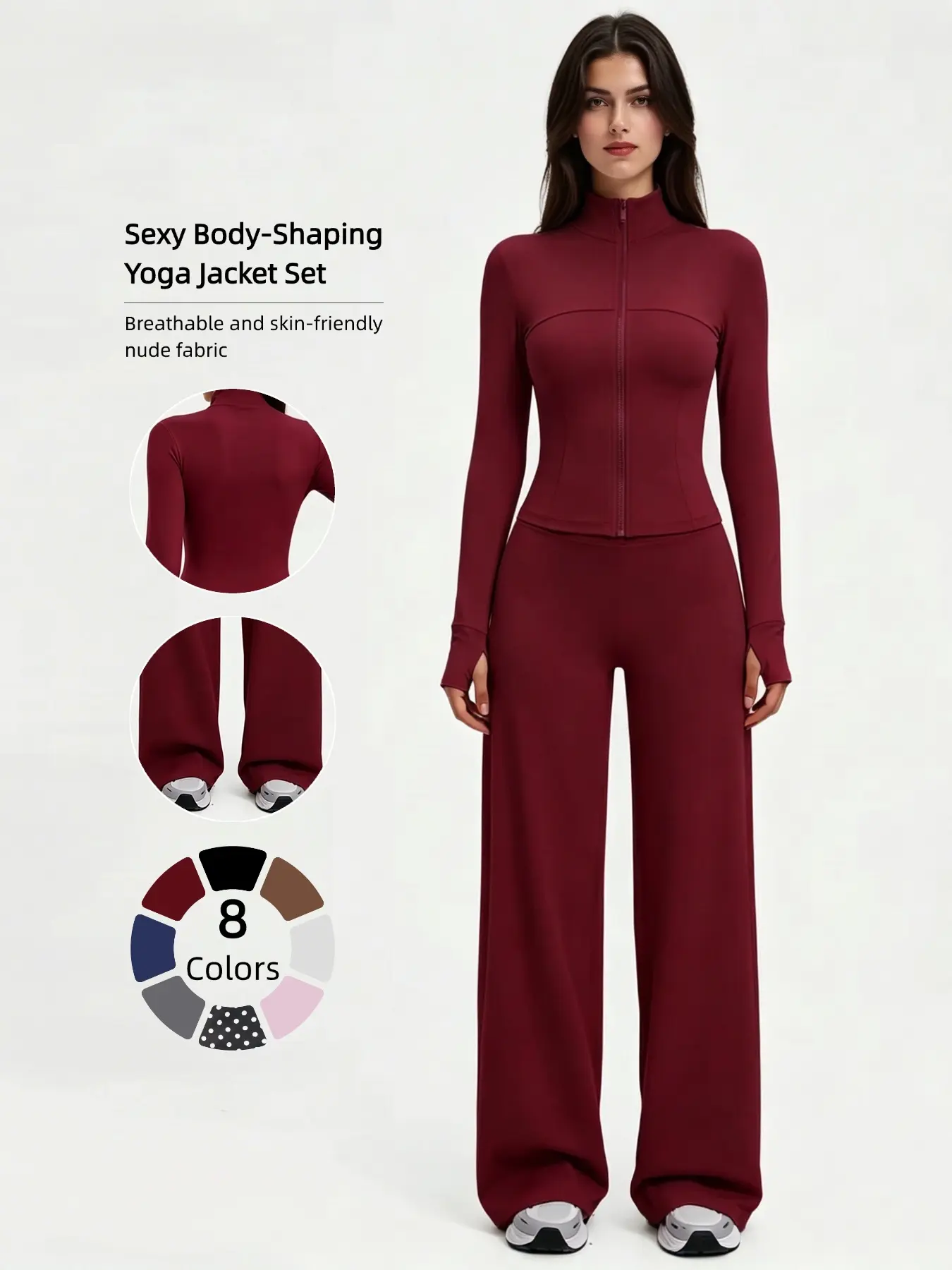 Nude Sensation Skin-Friendly Stand Collar Zipper Yoga Set, Fitted Activewear, Sporty Fitted Jacket + High Waist Pants, Breathable Quick-Dry for All Seasons