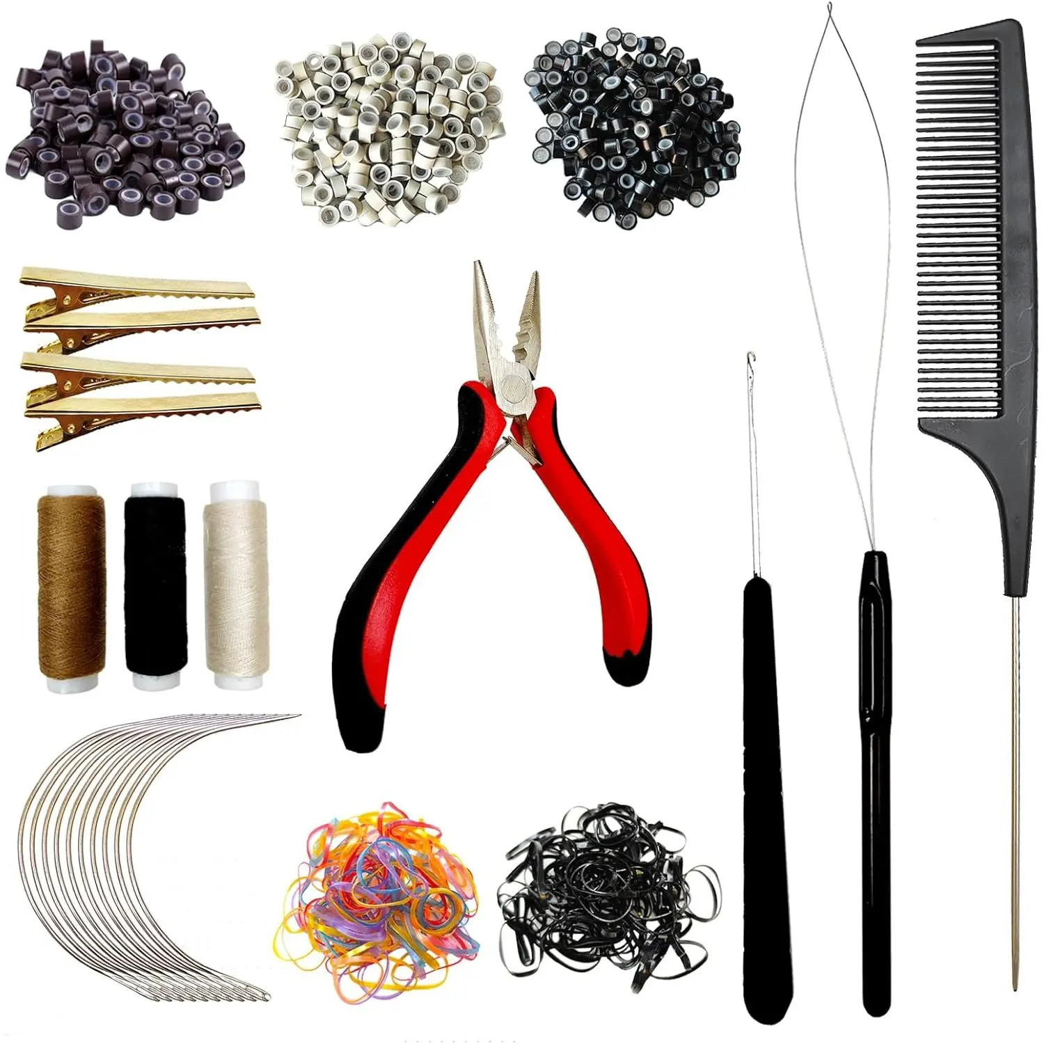 Sew in Hair Extensions Kit, Microlink Tool Kit with 600  Nano Microbeads, 1 Extension Plier, 3 Rolls of Sewing Thread, 2 Hair Pulling Loops, 10 Crochet Hooks, 4 Clips, 1 Comb, 200 Rubber Bands