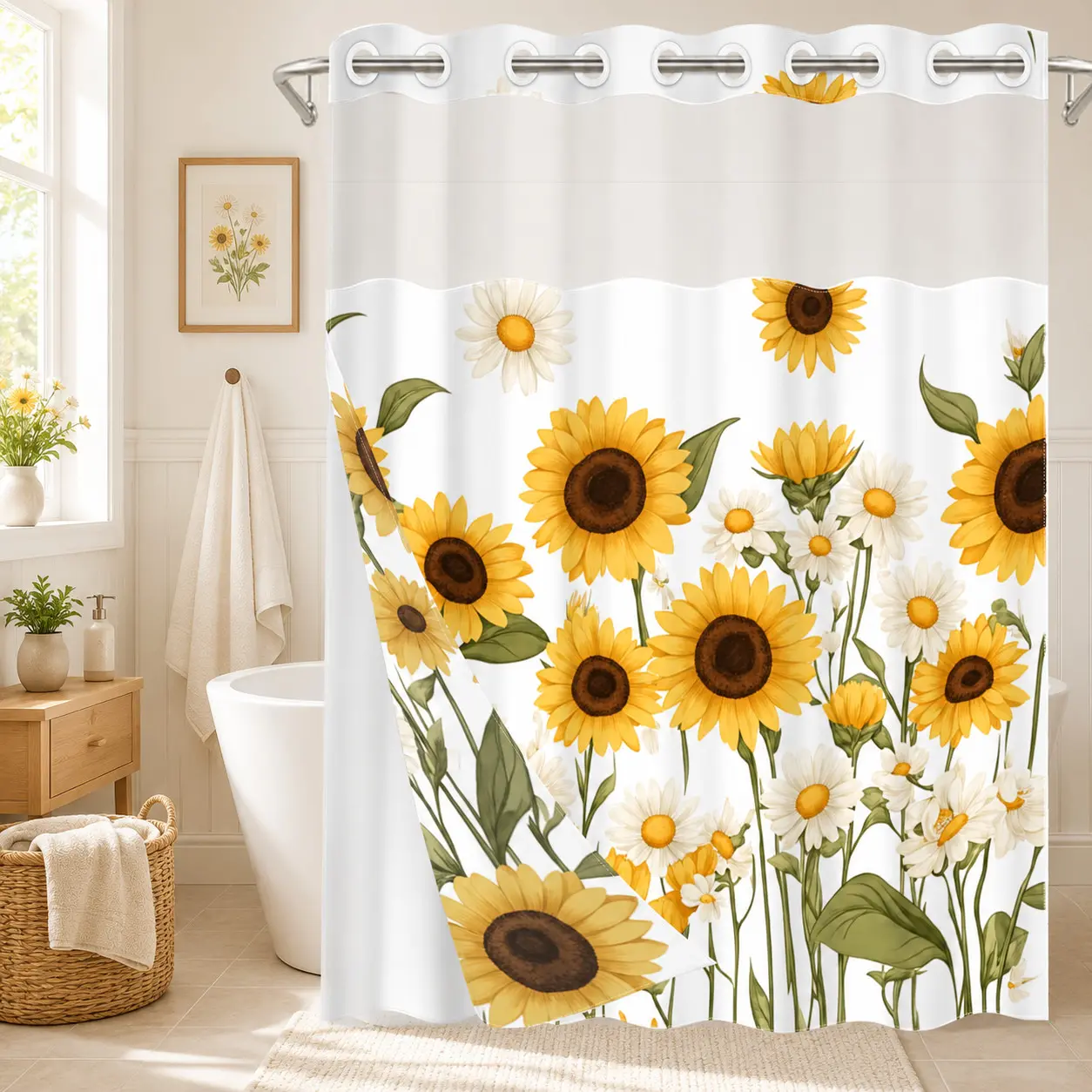 1 Pc Sunflower Daisy Hookless Shower Curtain with Snap-In Liner, Sheer Window, Water-Resistant Double-Layer Fabric, 71W x 74H in, Farmhouse Bathroom Decor