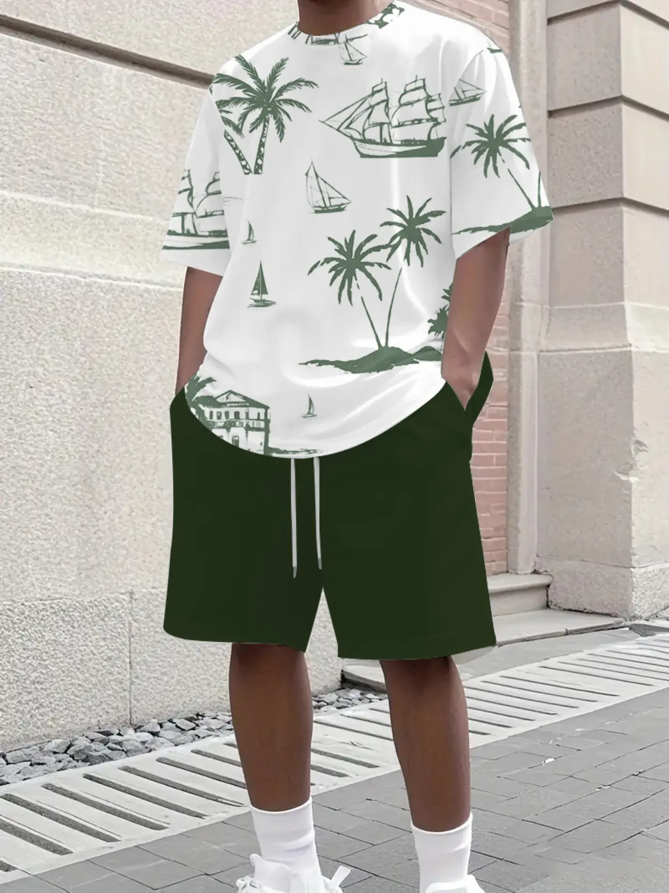 Men's vacation two-piece set, Loose tropical beach sailboat coconut tree panoramic full printed short sleeved top and shorts, lightweight and comfortable for beach travel