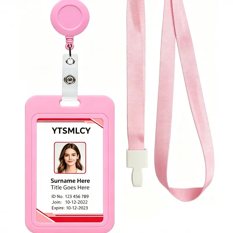 2D YTSMLCY 3-in-1 ID Lanyard Set, with Retractable Reel and Lanyard, Pink Plastic Vertical Card Holder, Suitable for Work, School, Nurses, Id Holders For Badges, Id Badge Holders Retractable