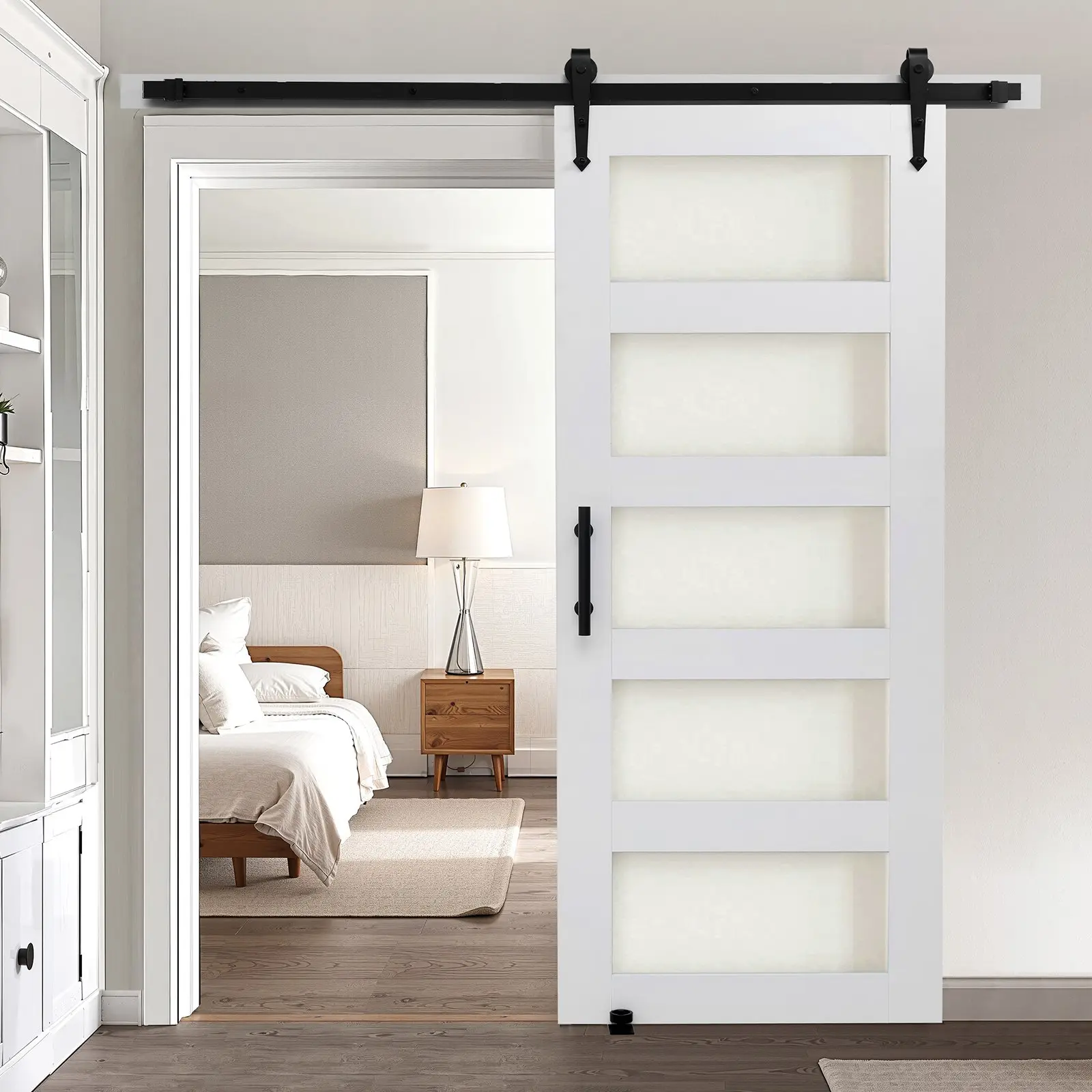 VEVOR 32x84 Inch Sliding Barn Door Kit, High-Strength MDF + Glass Panel, Waterproof PVC Surface, H-Frame, Arrow-Shaped Rollers, Easy-Install Hardware, Quiet Operation, Sliding Doors for Living Room