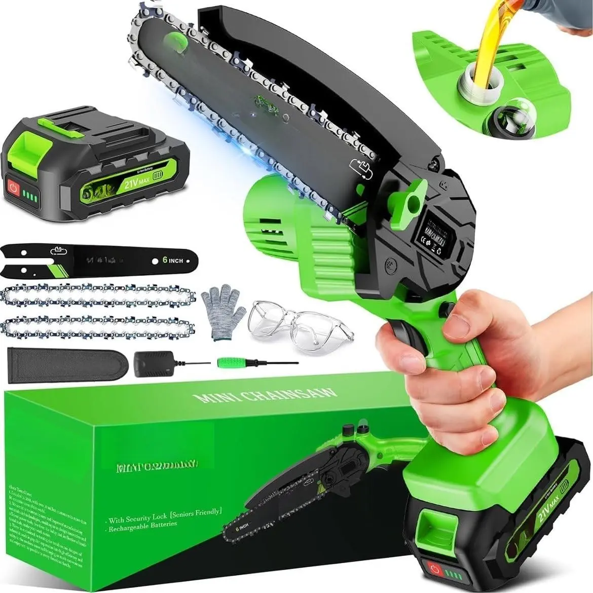 880W 6-Inch Cordless Mini Electric Chainsaw, Synthetic Cordless Tool with Anti-Slip Handheld Grip, Auto Oil System, 2 Chains, Handheld Tree Trim Tool for Household & Garden Use (Ideal for Gardeners)