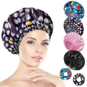 Shower Cap  Women Set of 4, Bath Caps, Double Layers Hair Caps + 2 Satin Hair Scrunchies, Reusable Waterproof Shower Caps, Elastic Hair Cap  Shower - Pattern A
