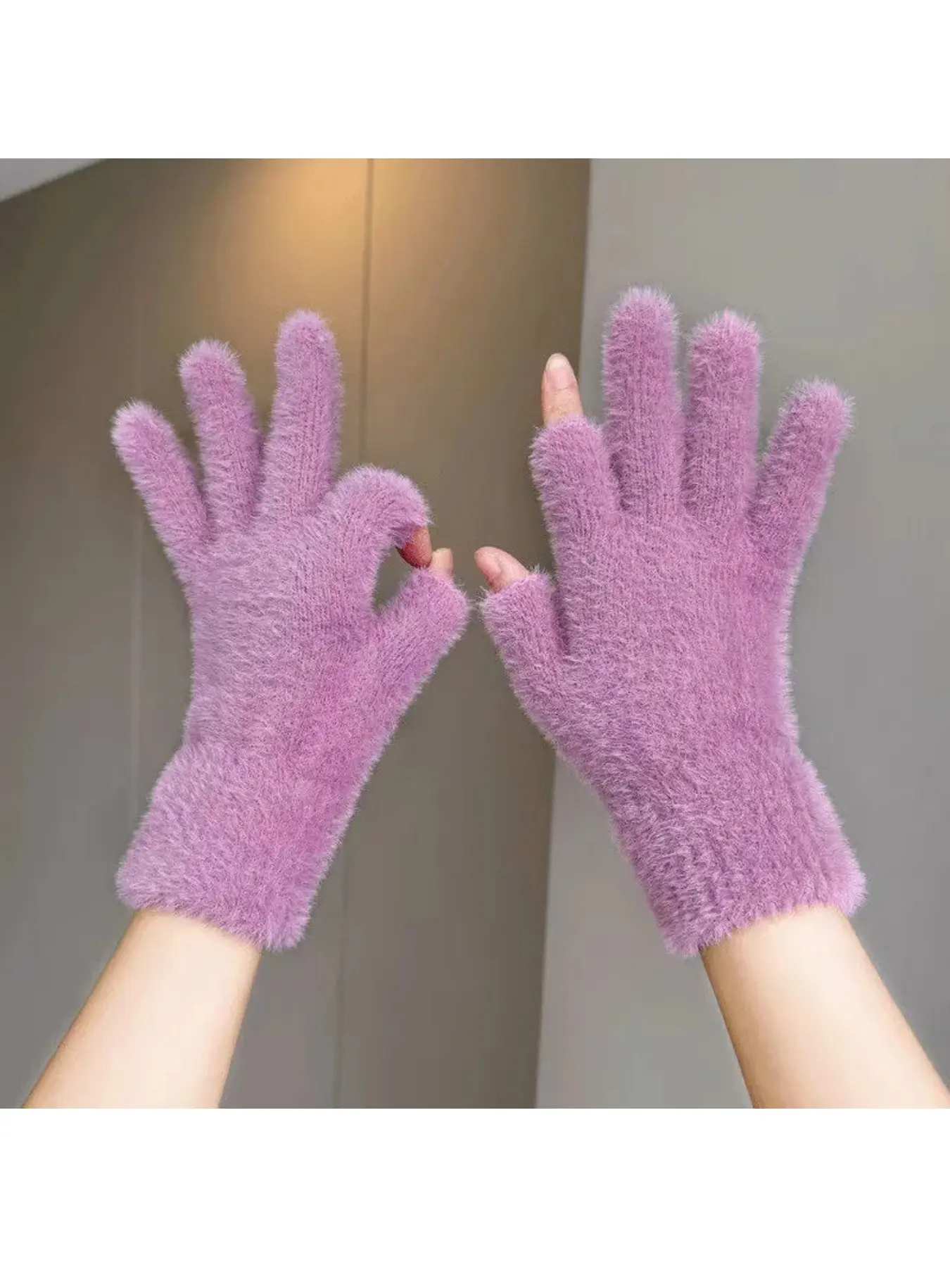 Leak-proof two-finger thermal gloves for autumn and winter, student gloves, writing and riding fingerless gloves, solid color touchscreen imitation gloves