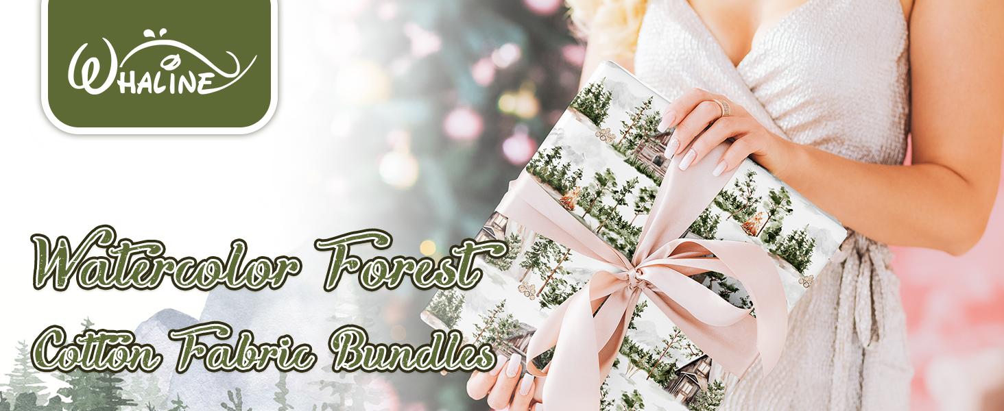 12Pcs Christmas Watercolor Forest Cotton Bundles 18 x 22 Inch Green Christmas Tree Flower Deer Fat Quarter Xmas Quilting Patchwork for DIY Sewing Crafting