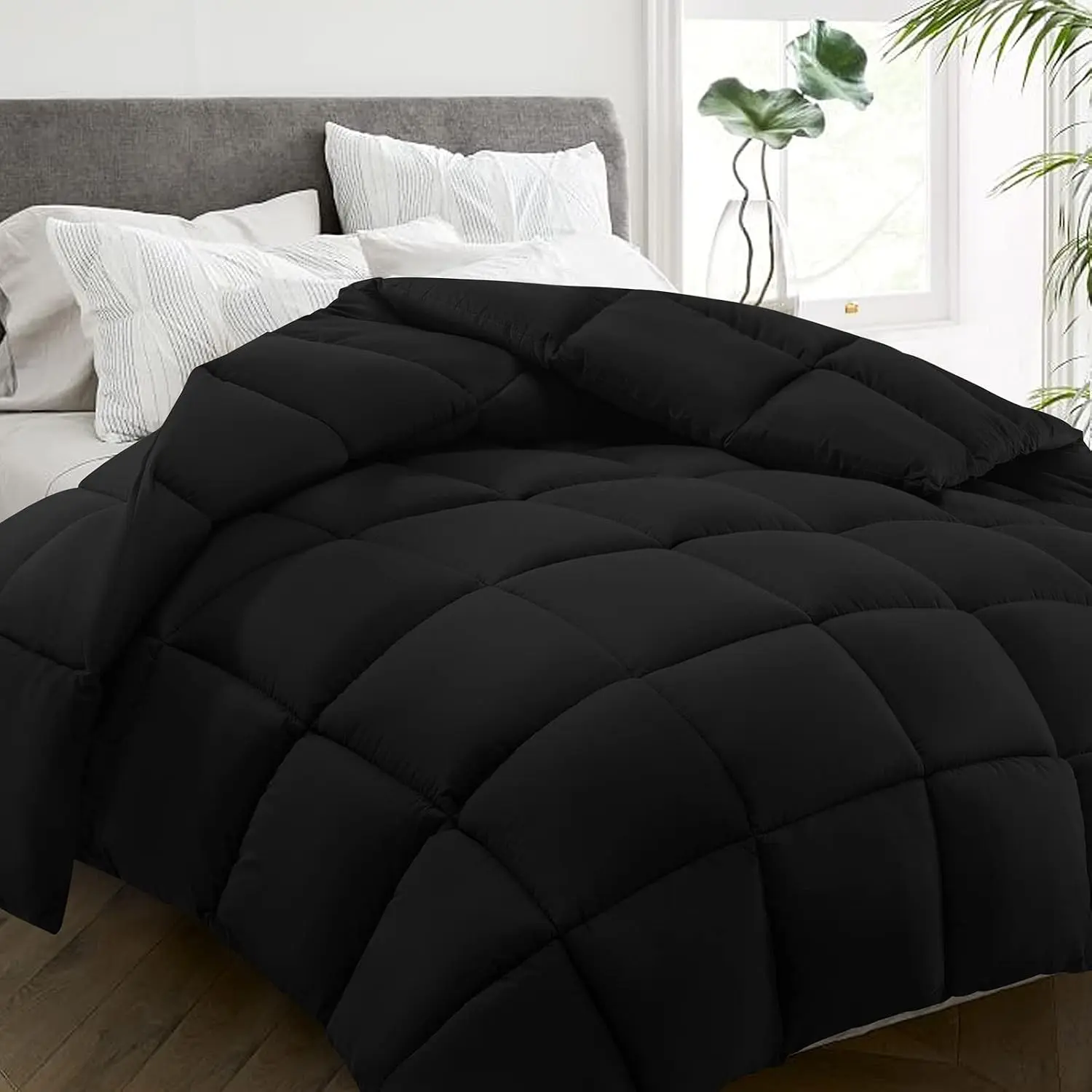 All Season California King Size Bed Comforter - Cooling Down Alternative Quilted Duvet Insert with Corner Tabs - Winter Warm - Machine Washable - Black,Cal King(96*104)