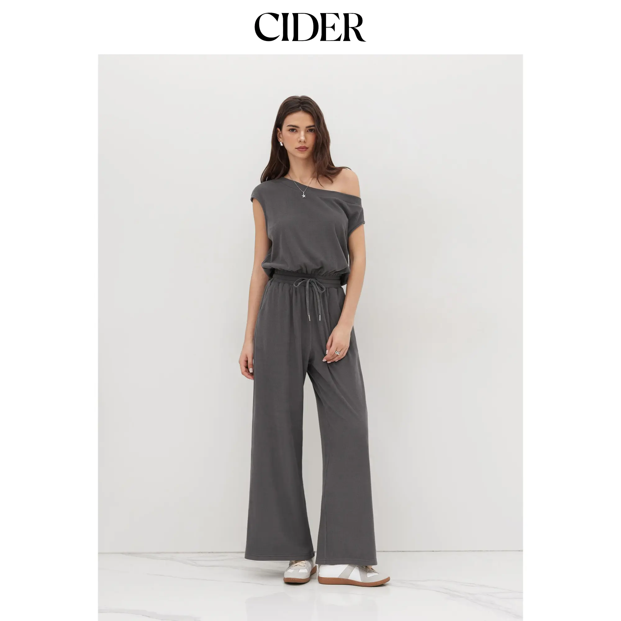 Cider Asymmetrical Neck Drawstring Jumpsuit
