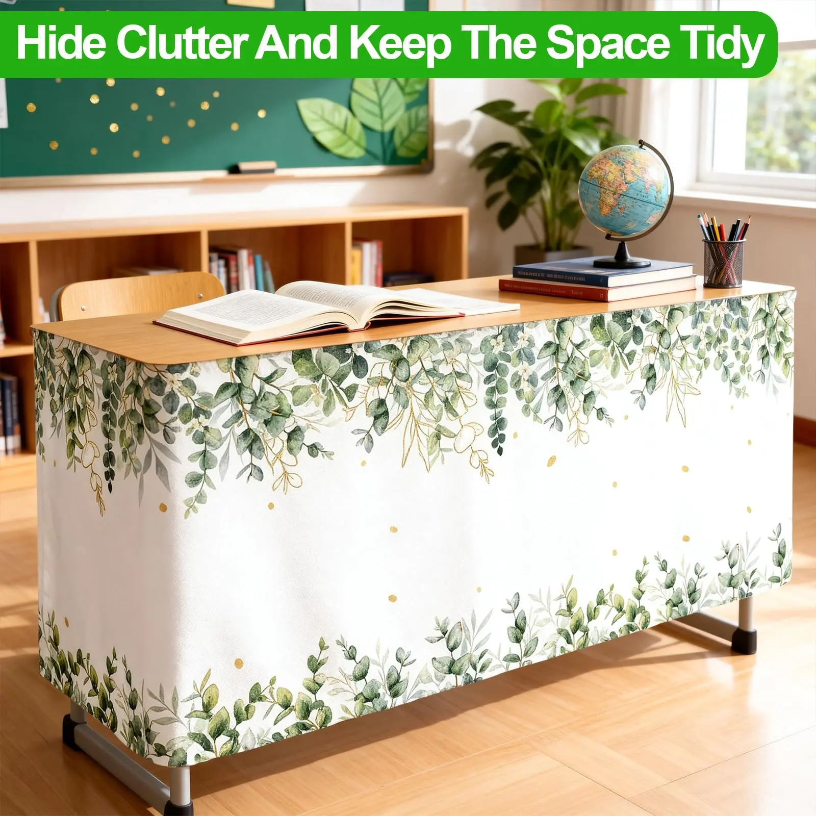 6 Feet Eucalyptus Leaf Teacher Table Skirt, Sage Classroom Decor, Flannel Table Skirt, Back-To-School Party Supplies, Home Decoration, Decorations Supplies