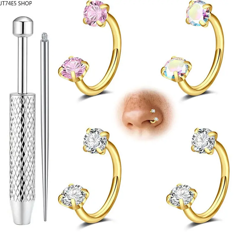 Cross-border new stainless steel 20G double zircon C rod nose ring versatile earbone ring human puncture jewelry nose accessories in stock