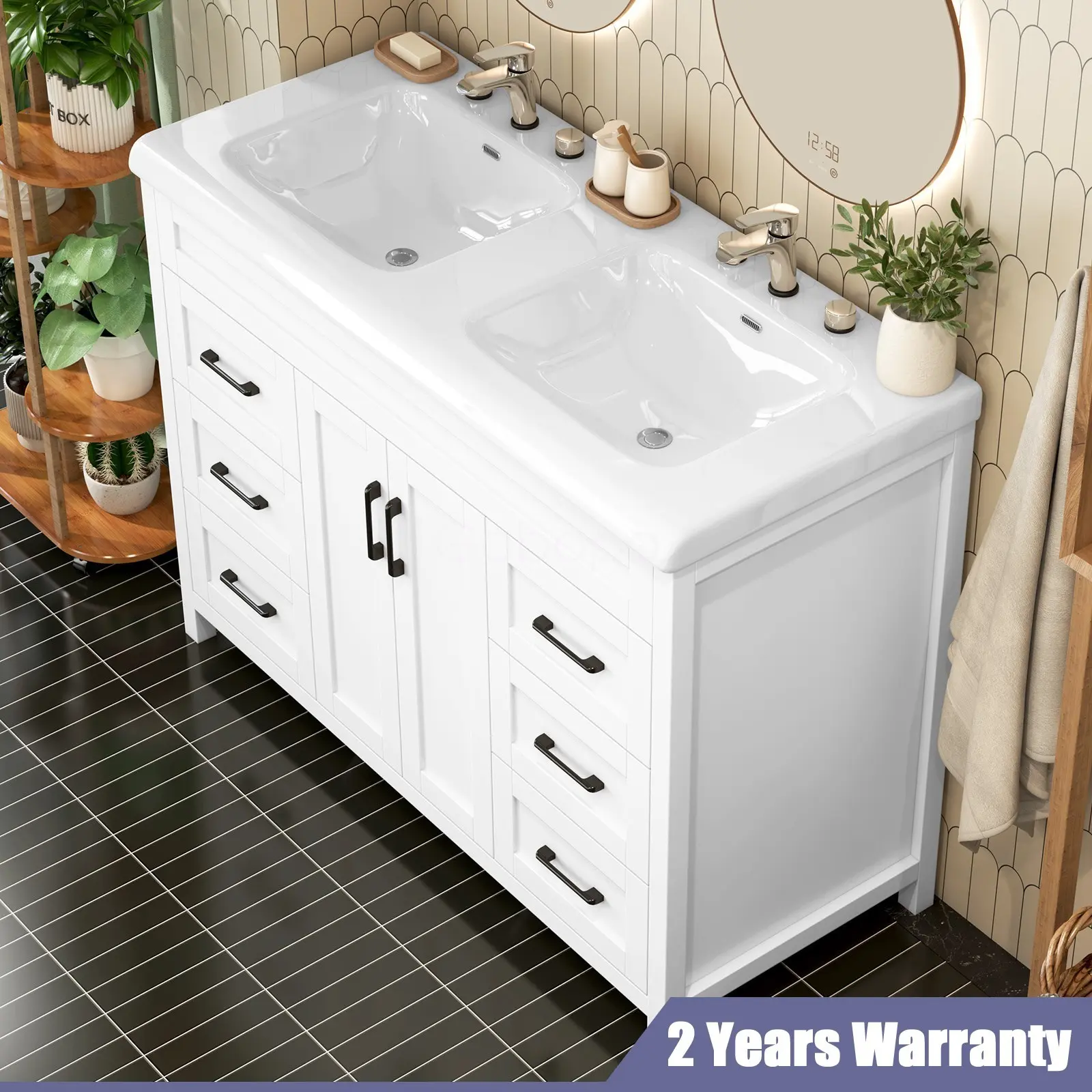 47 in White Freestanding Bathroom Vanity, Double Ceramic Sinks, Marble Top, 6-Drawer Bathroom Cabinet with Soft-Close Function