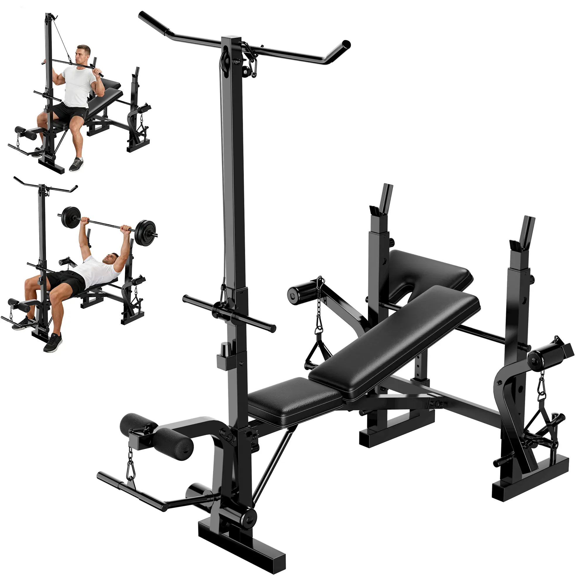 Garvee Adjustable 7-in-1 Weight Bench Set for Home Gym – Collapsible Bench Press with Squat Rack, Leg Extension, Preacher Wave Pad, Lat Pulldown – Flat/Incline – Full Body Strength Training Equipment