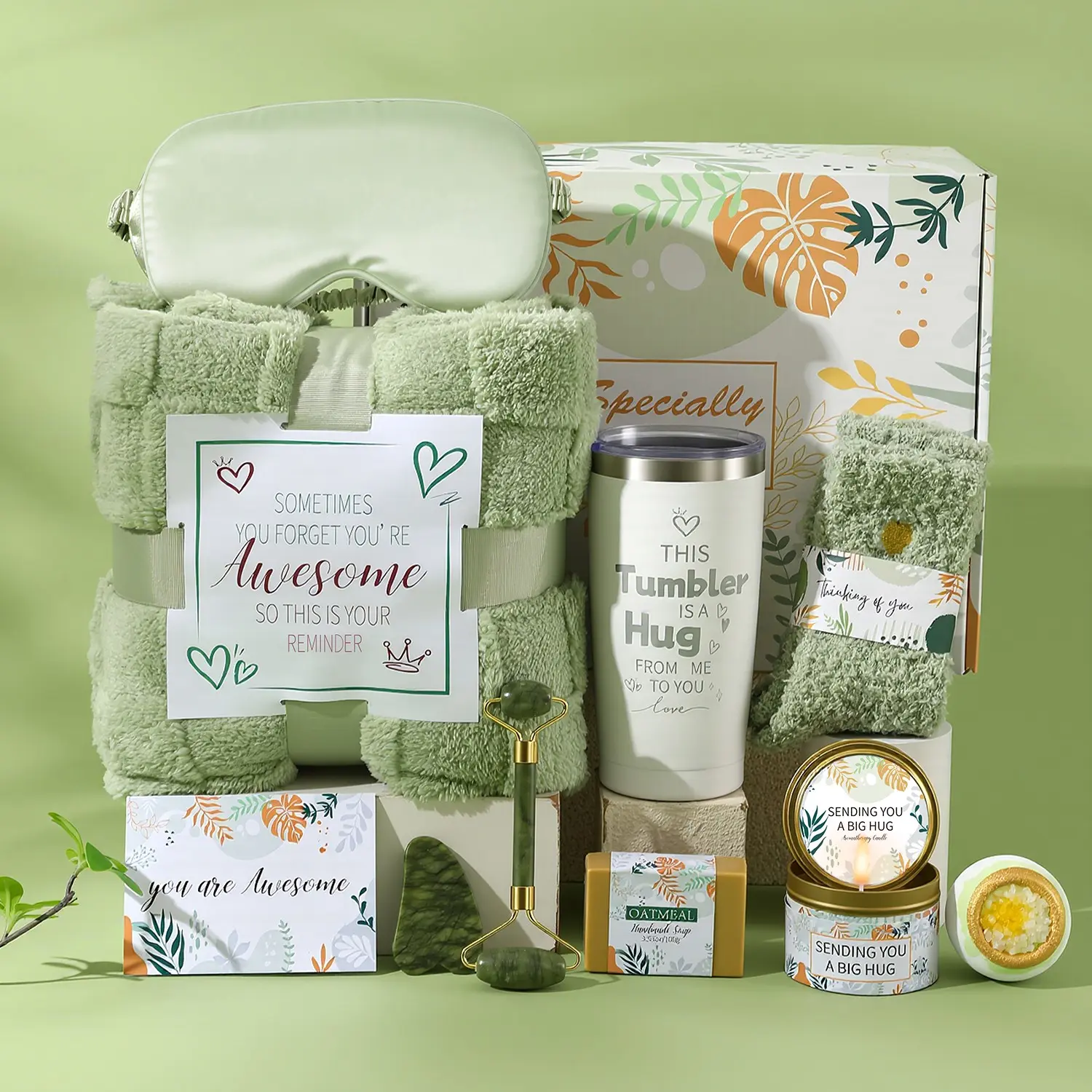 1 Set light green gift box set, the full set includes blanket, eye mask, insulated tumbler, socks, scented candle, bath bomb, soap and jade massage roller, all-season gifts for birthdays and holidays