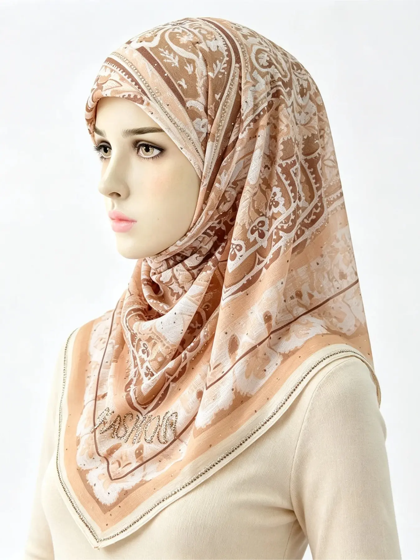 1pc Khaki Vintage Floral Print Chiffon Hijab Women Rhinestone Border Square Headscarf Fashion Muslim Modest Head Wrap