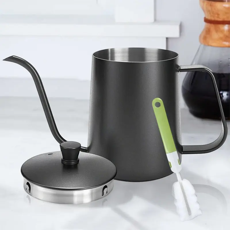 Pour over Coffee Kettle with Lid and Brush, 20oz/600ML Gooseneck Stainless Steel, Hand Brewed Pot, Modern Coffee Pot, Long Narrow Spout, Ideal for Tea & Coffee, Coffee Equipment